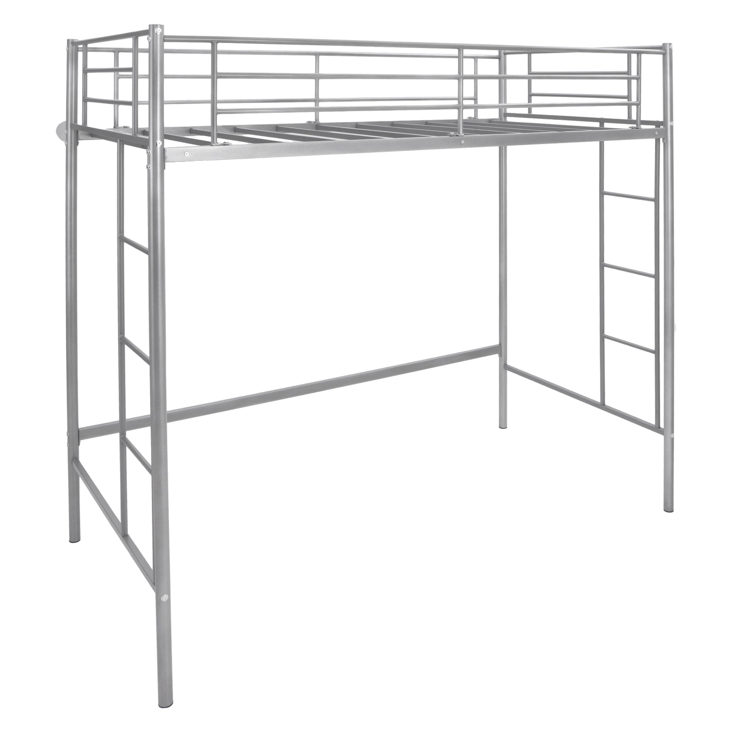 Sturdy Twin Loft Bed Frame with Dual Ladders and Full-Length Guardrail - Silver