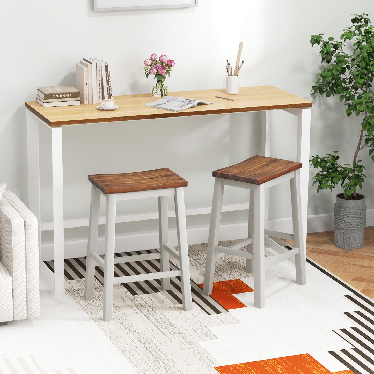 Backless 24.5 Inch Saddle Bar Stools with Acacia Wood Frame and Footrests, Set of 2