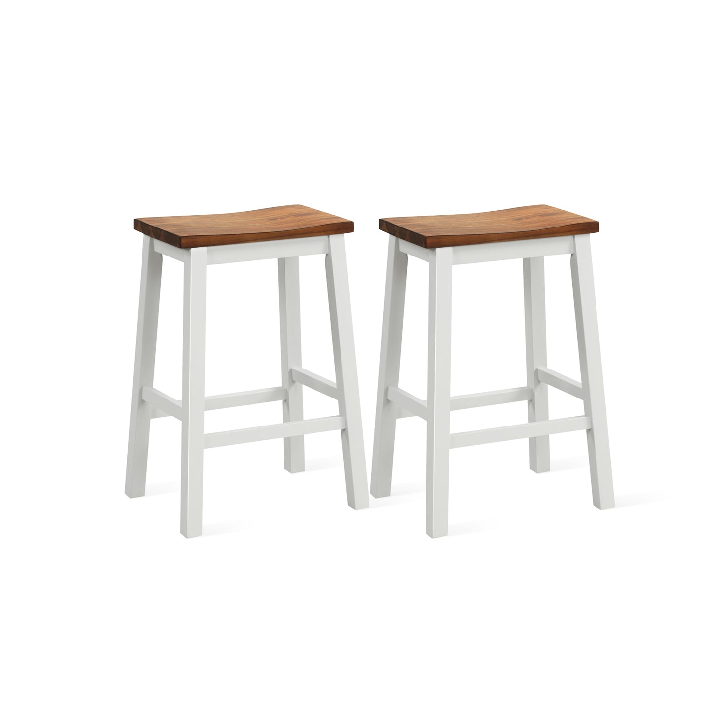Backless 24.5 Inch Saddle Bar Stools with Acacia Wood Frame and Footrests, Set of 2