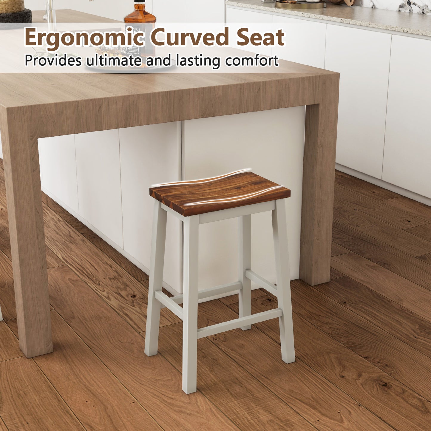 Backless 24.5 Inch Saddle Bar Stools with Acacia Wood Frame and Footrests, Set of 2
