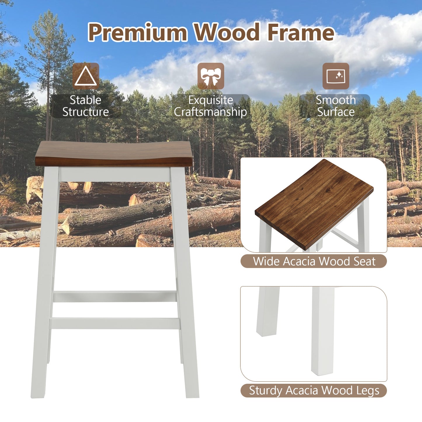 Backless 24.5 Inch Saddle Bar Stools with Acacia Wood Frame and Footrests, Set of 2