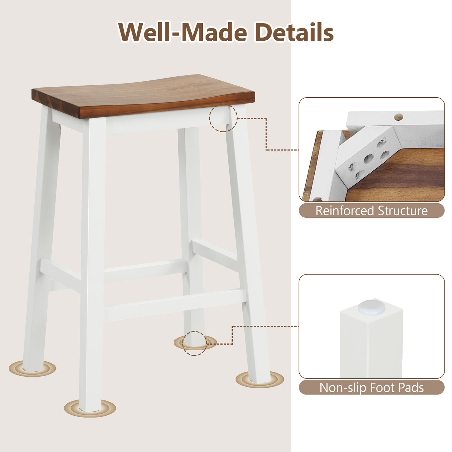 Backless 24.5 Inch Saddle Bar Stools with Acacia Wood Frame and Footrests, Set of 2