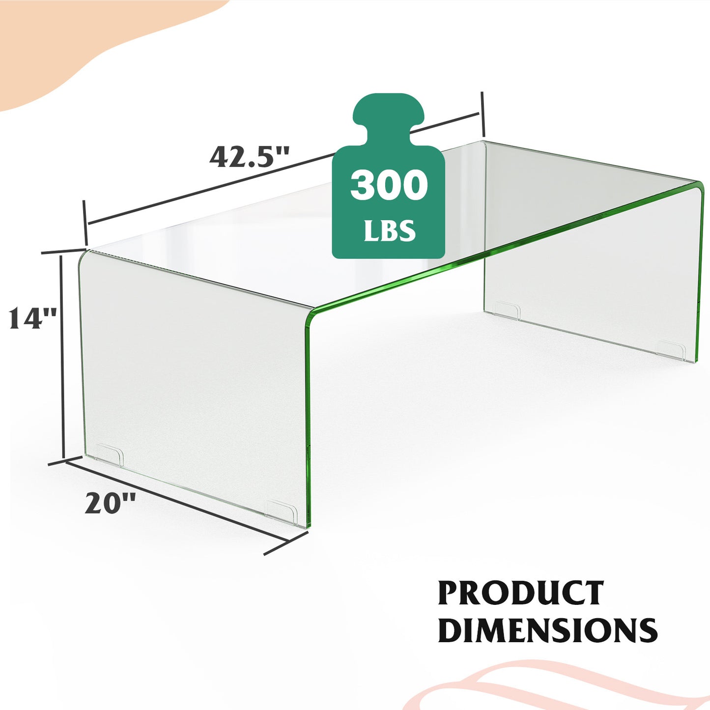 Clear Tempered Glass Coffee Table 42 x 20 Inch with Rounded Edges and U-Shaped Modern Design