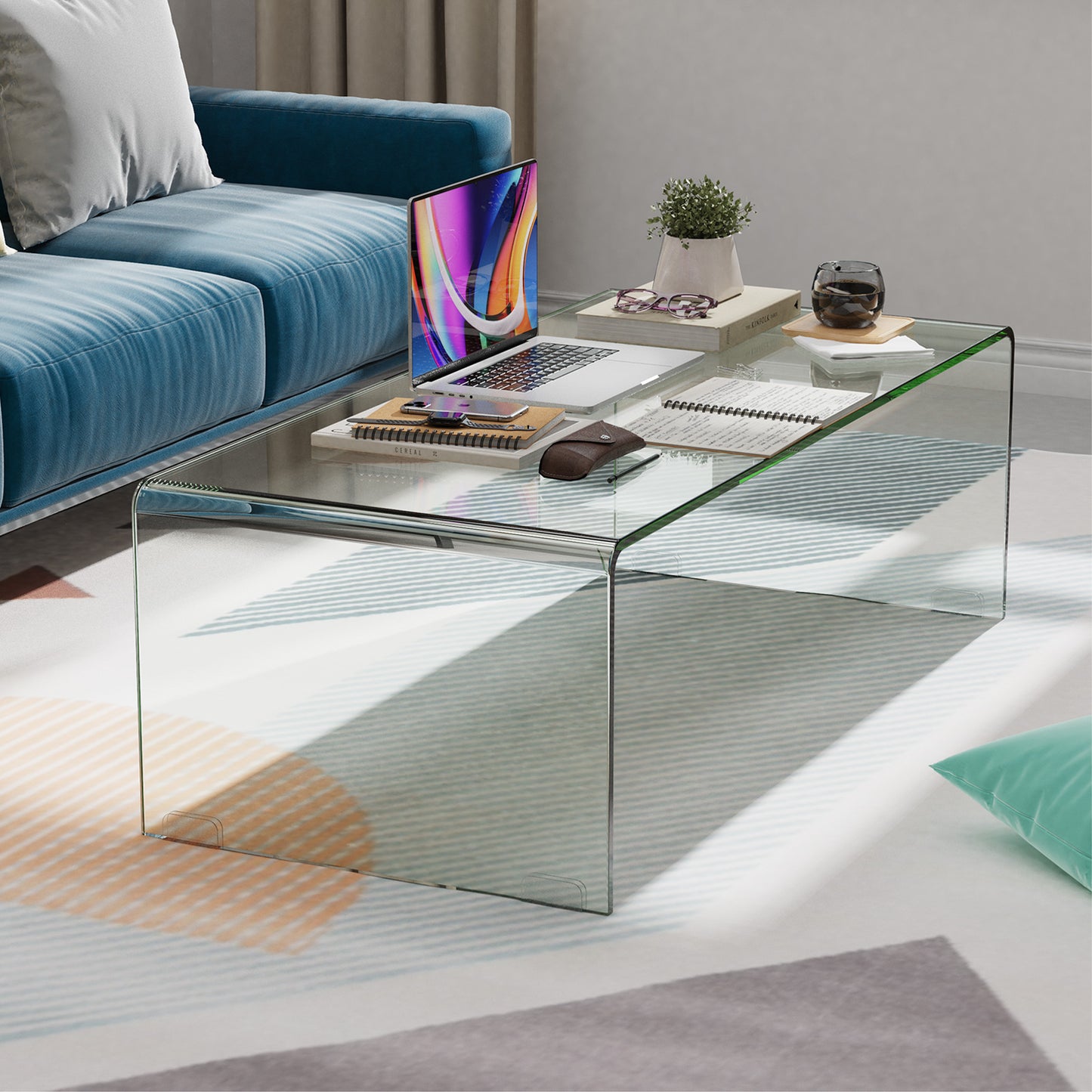 Clear Tempered Glass Coffee Table 42 x 20 Inch with Rounded Edges and U-Shaped Modern Design