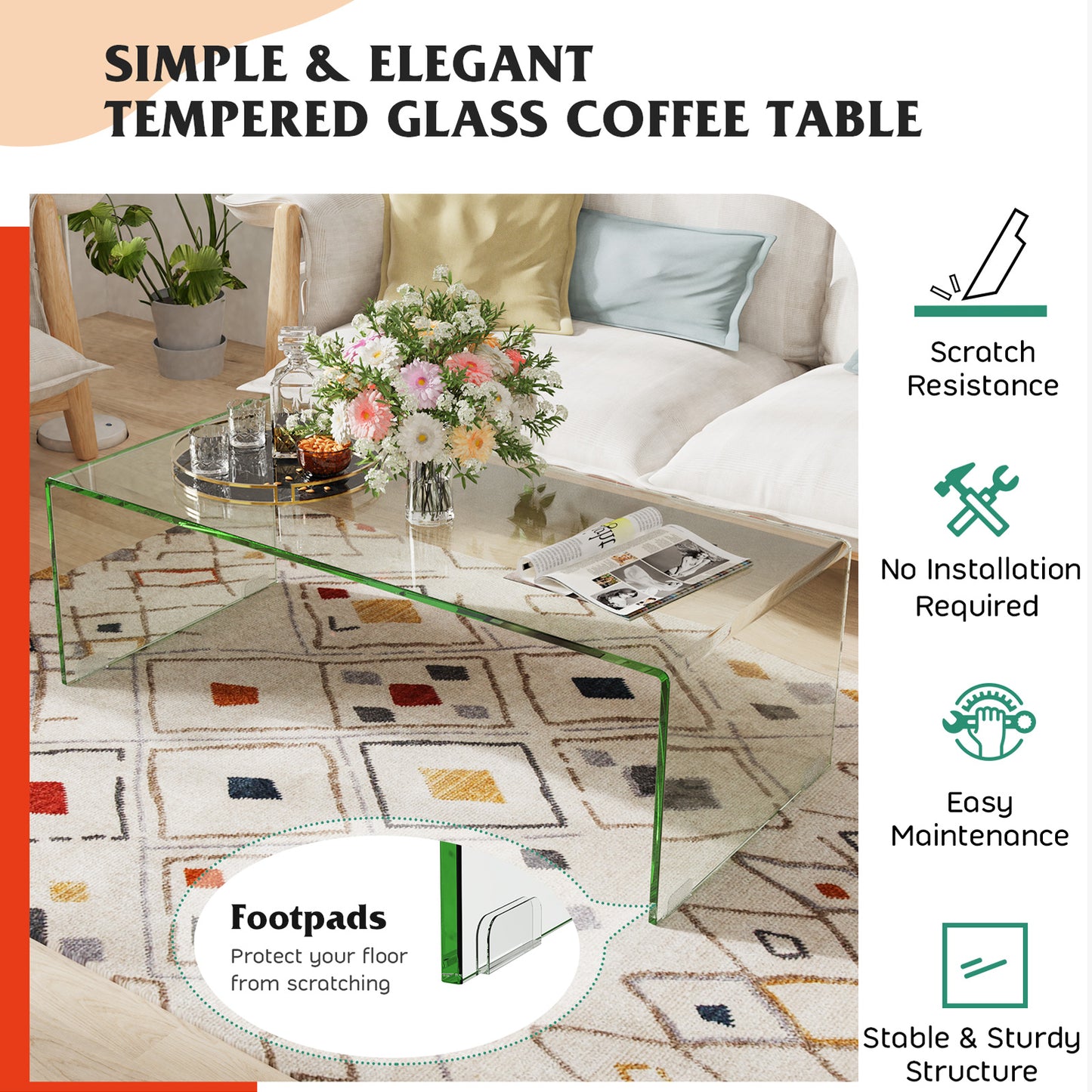 Clear Tempered Glass Coffee Table 42 x 20 Inch with Rounded Edges and U-Shaped Modern Design