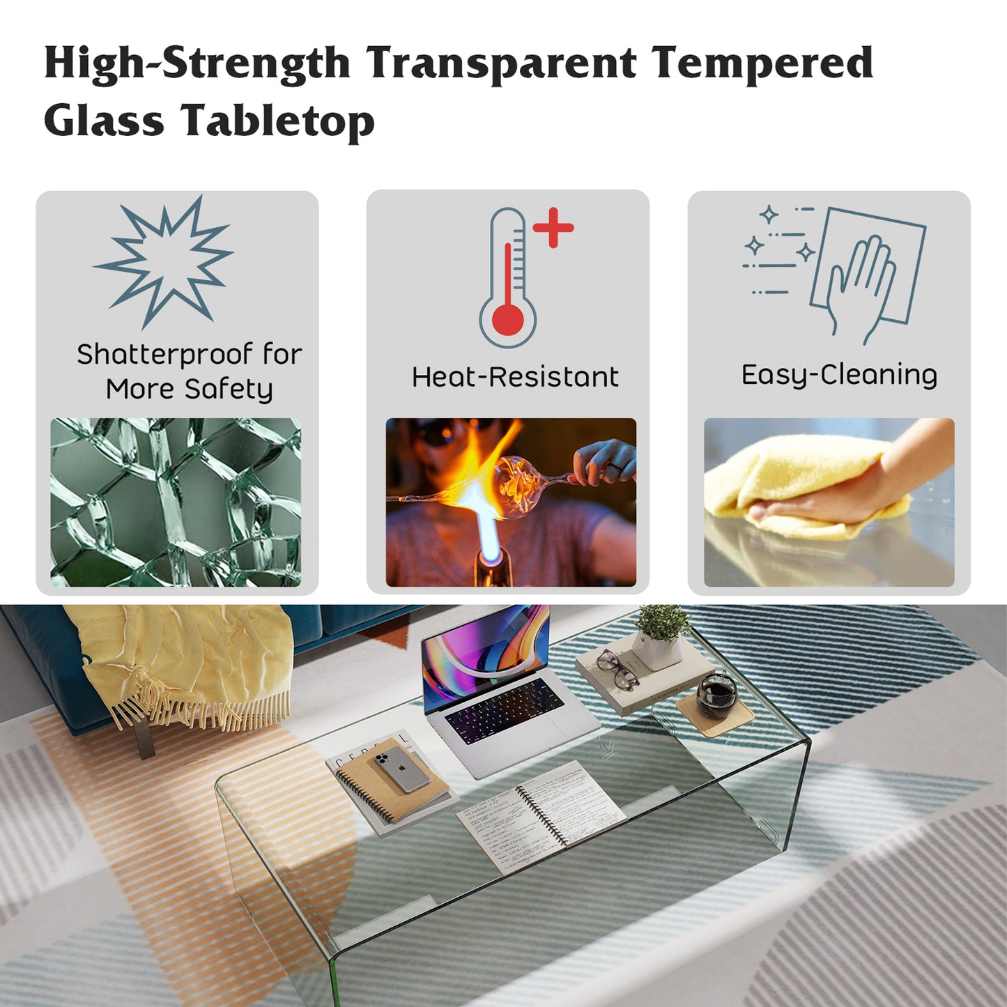 Clear Tempered Glass Coffee Table 42 x 20 Inch with Rounded Edges and U-Shaped Modern Design