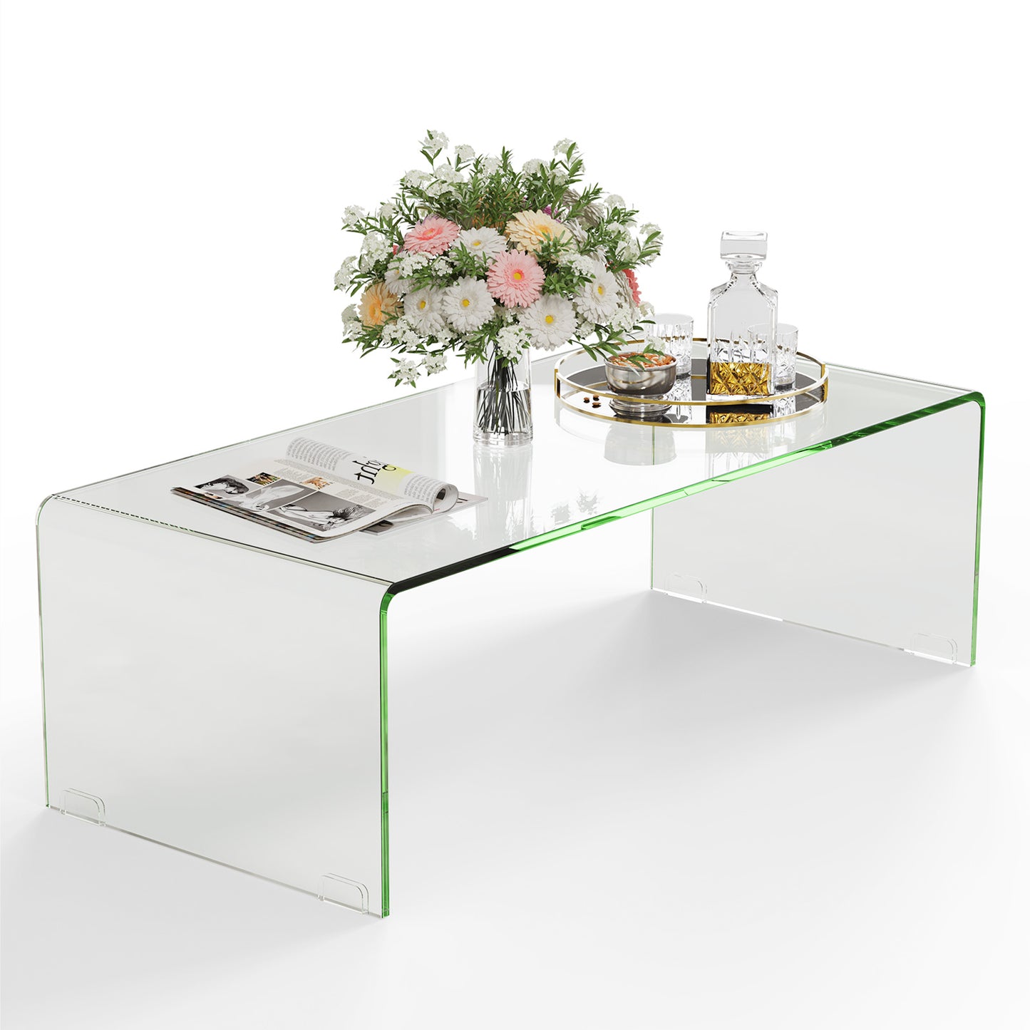 Clear Tempered Glass Coffee Table 42 x 20 Inch with Rounded Edges and U-Shaped Modern Design