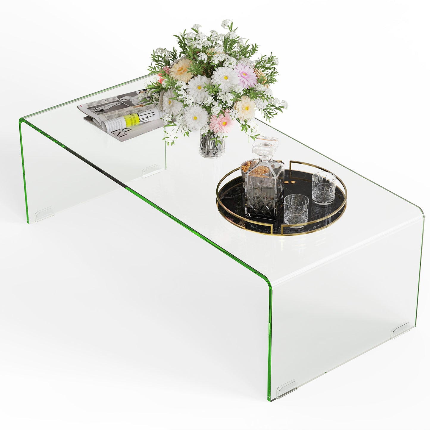 Clear Tempered Glass Coffee Table 42 x 20 Inch with Rounded Edges and U-Shaped Modern Design