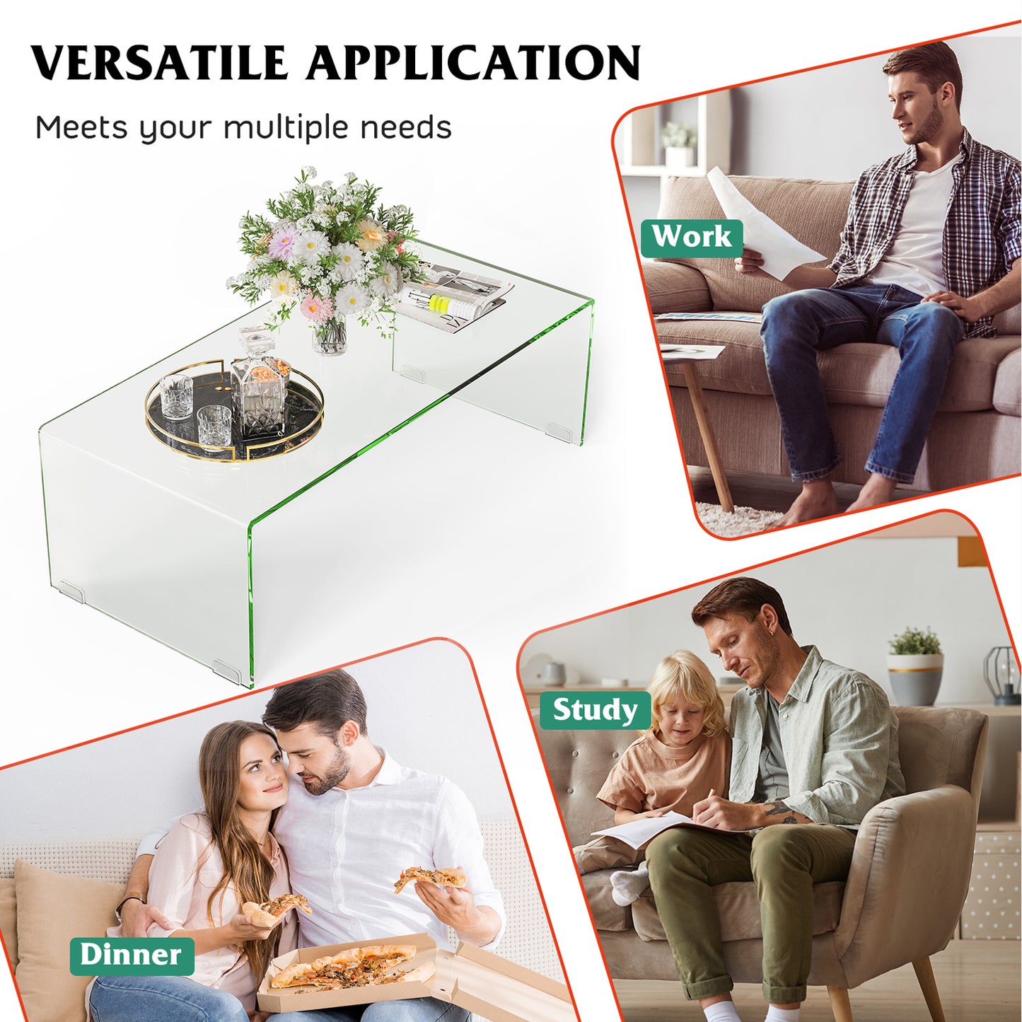 Clear Tempered Glass Coffee Table 42 x 20 Inch with Rounded Edges and U-Shaped Modern Design