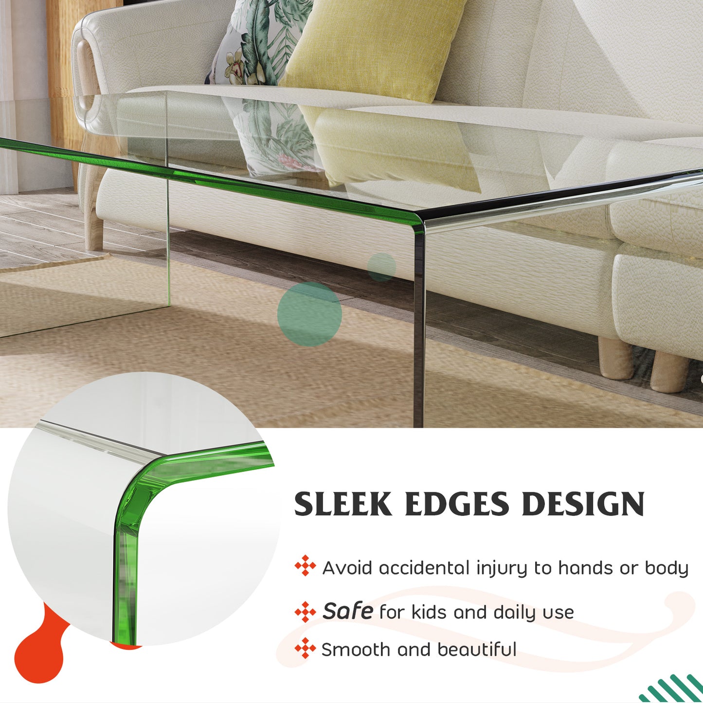 Clear Tempered Glass Coffee Table 42 x 20 Inch with Rounded Edges and U-Shaped Modern Design