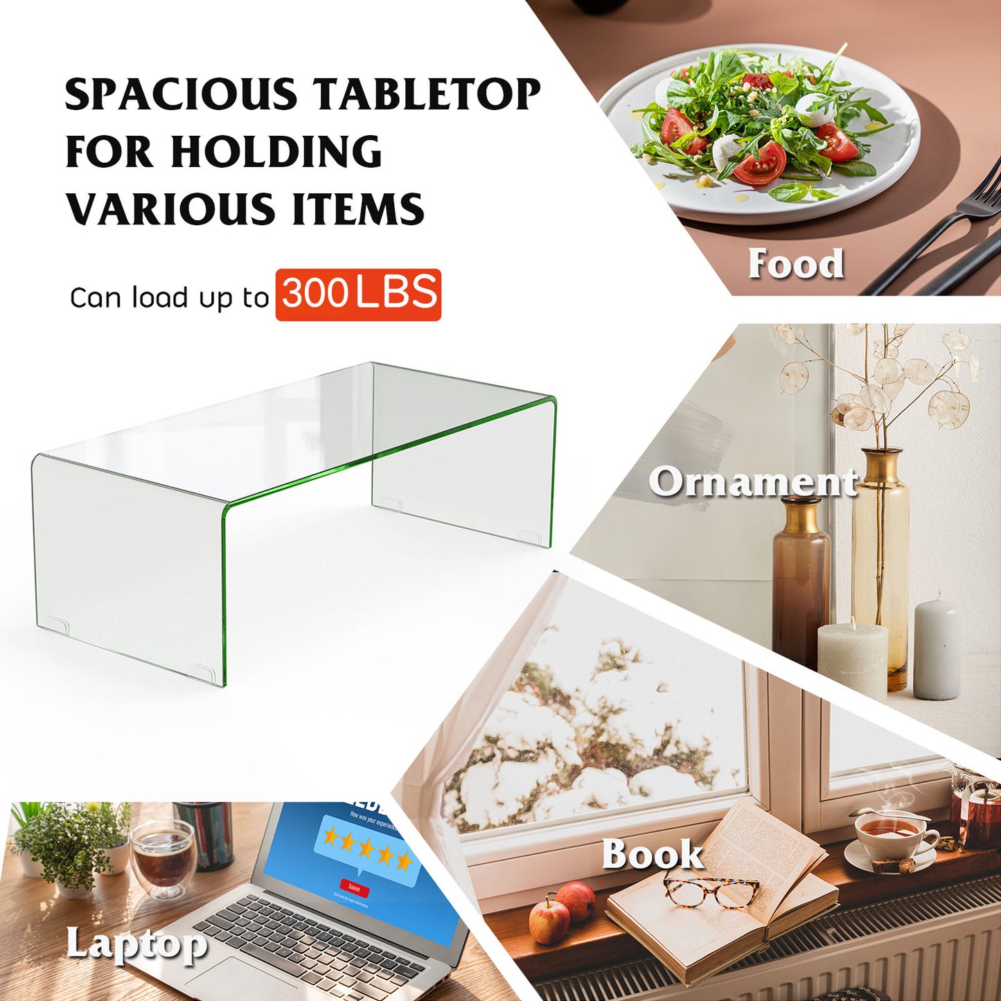 Clear Tempered Glass Coffee Table 42 x 20 Inch with Rounded Edges and U-Shaped Modern Design