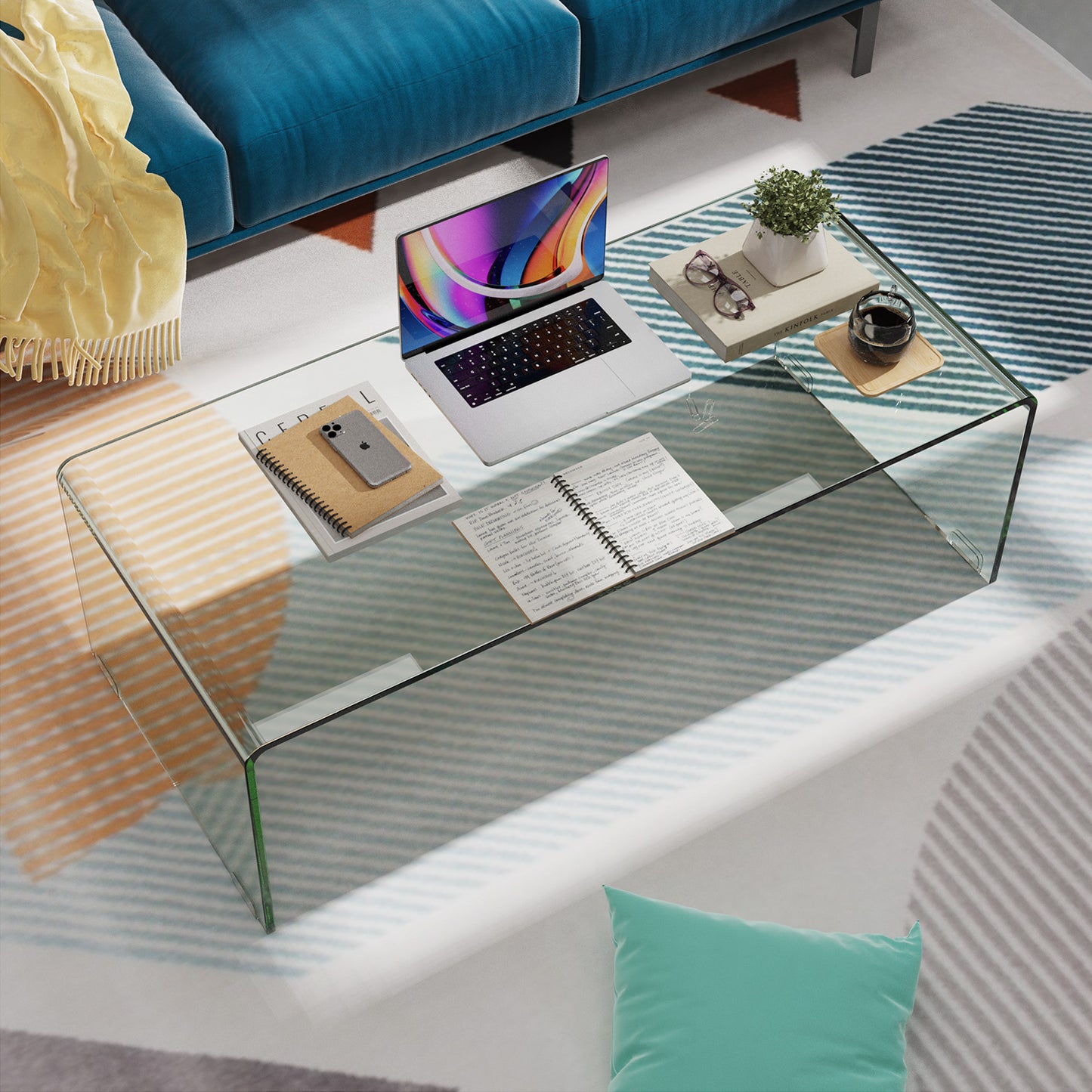 Clear Tempered Glass Coffee Table 42 x 20 Inch with Rounded Edges and U-Shaped Modern Design