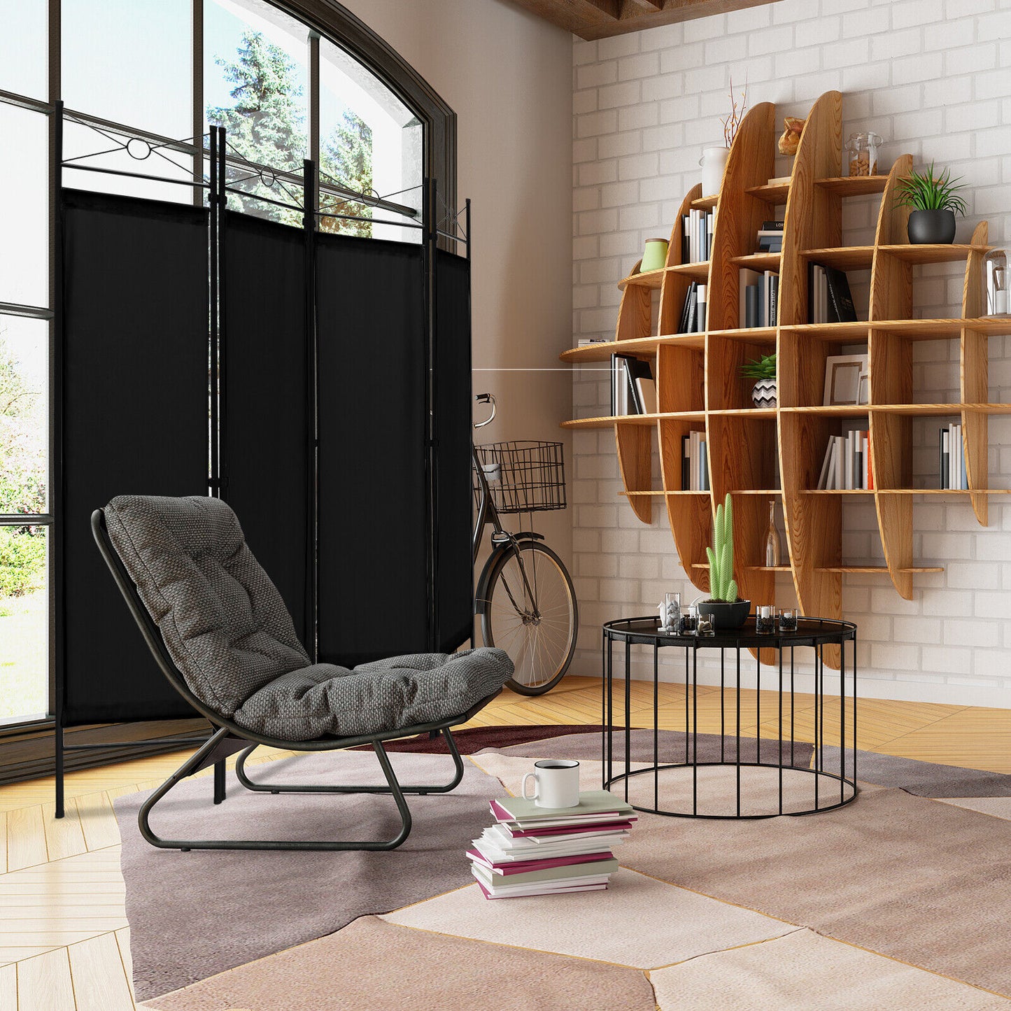 6 Foot 4 Panel Freestanding Folding Privacy Divider Screen - Black