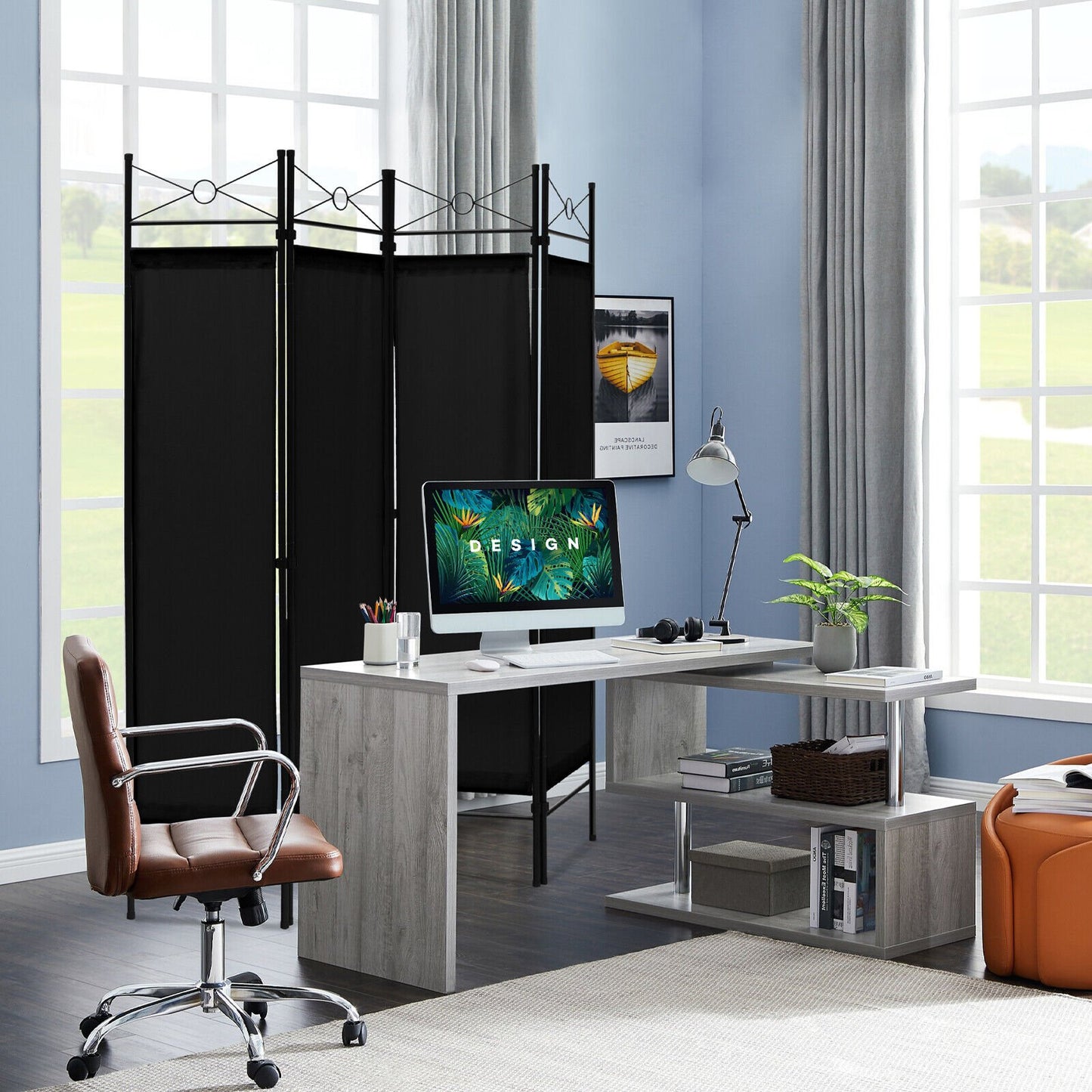 6 Foot 4 Panel Freestanding Folding Privacy Divider Screen - Black
