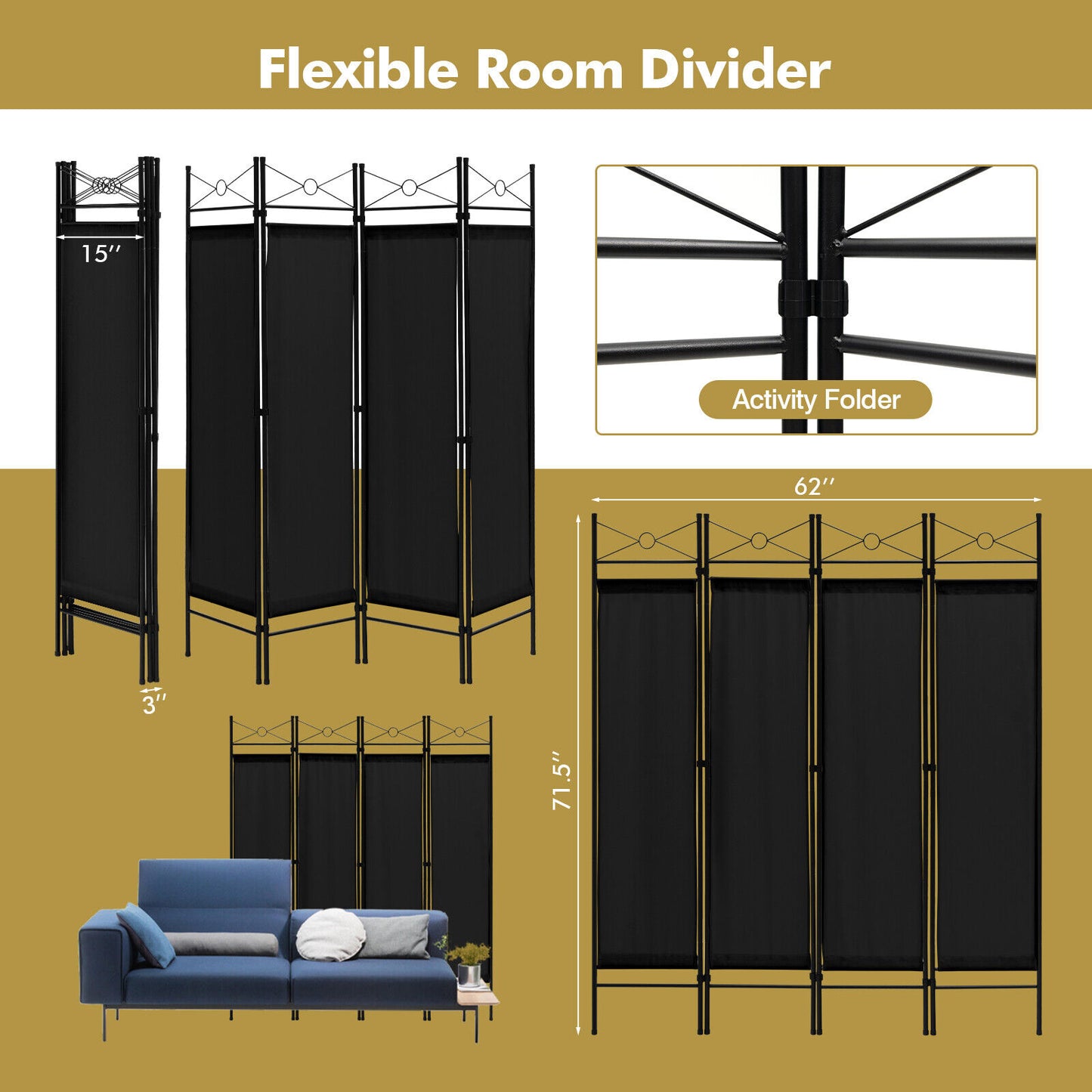 6 Foot 4 Panel Freestanding Folding Privacy Divider Screen - Black