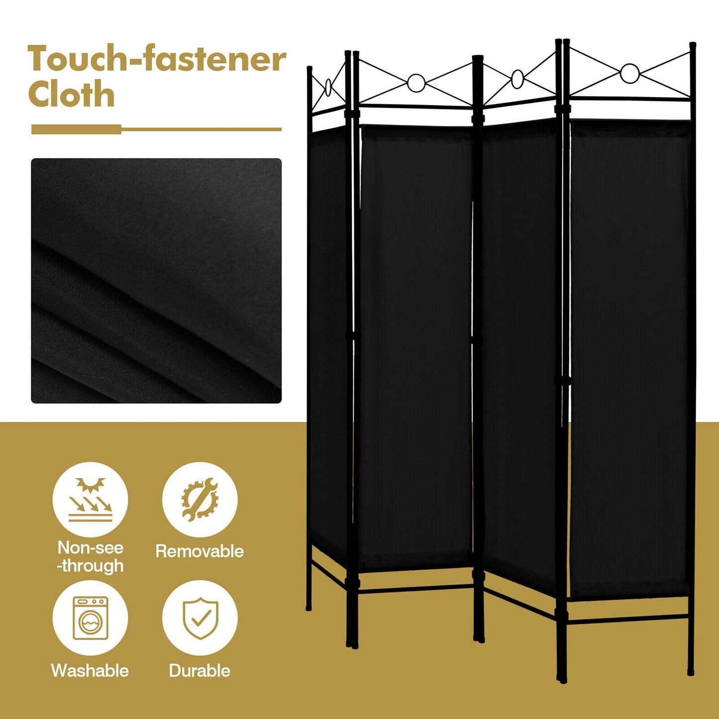 6 Foot 4 Panel Freestanding Folding Privacy Divider Screen - Black