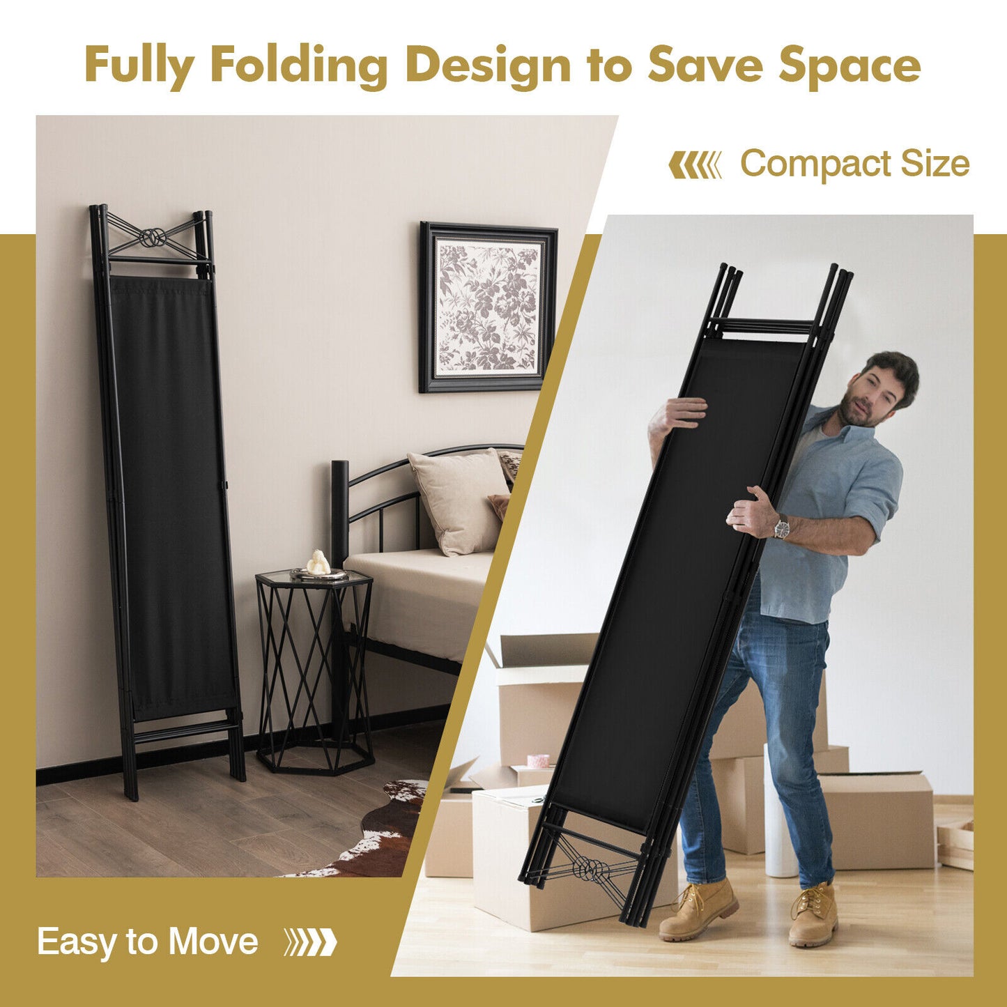 6 Foot 4 Panel Freestanding Folding Privacy Divider Screen - Black