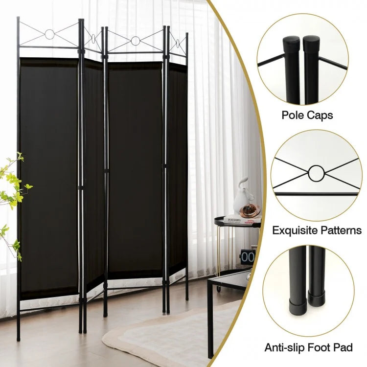 6 Foot 4 Panel Freestanding Folding Privacy Divider Screen - Black