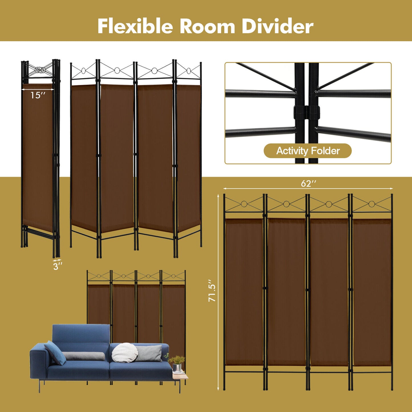 6 Foot 4 Panel Freestanding Folding Privacy Divider Screen - Brown