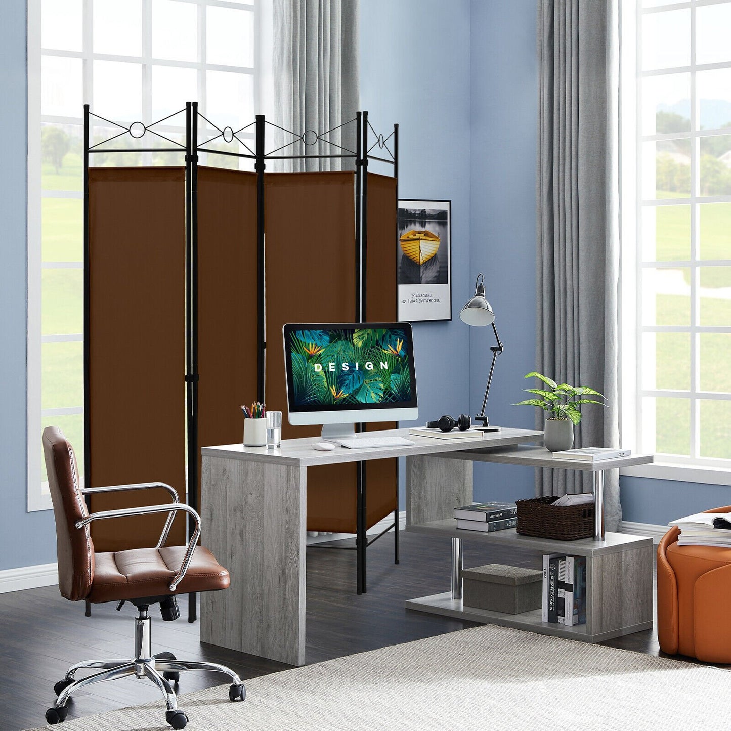 6 Foot 4 Panel Freestanding Folding Privacy Divider Screen - Brown