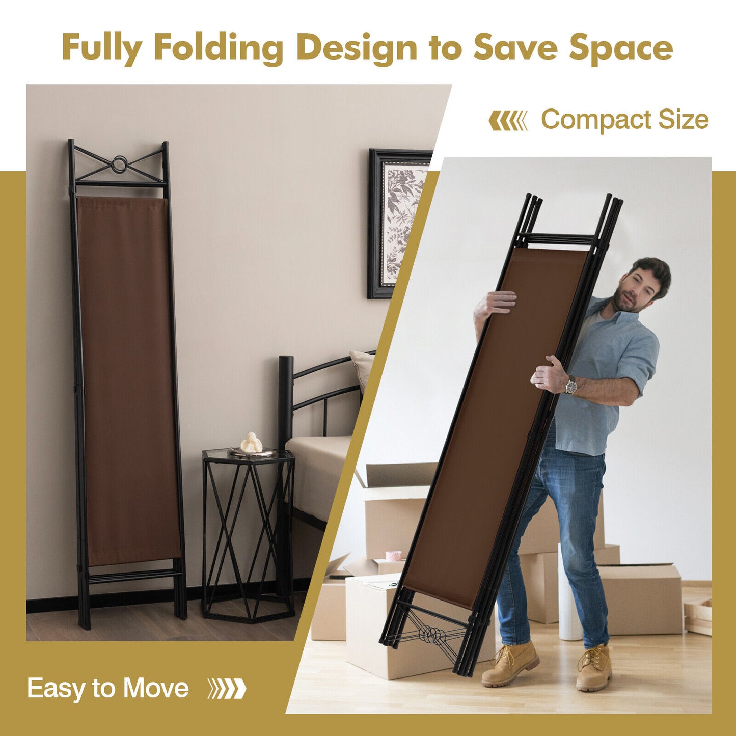 6 Foot 4 Panel Freestanding Folding Privacy Divider Screen - Brown