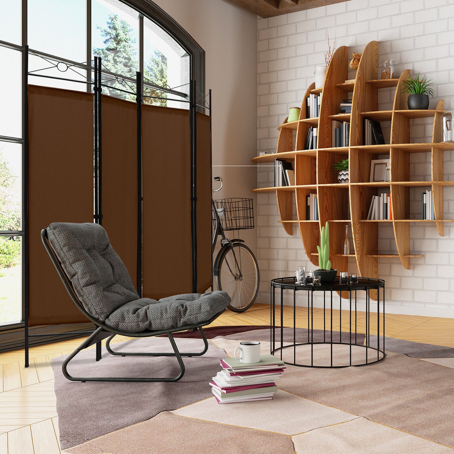 6 Foot 4 Panel Freestanding Folding Privacy Divider Screen - Brown