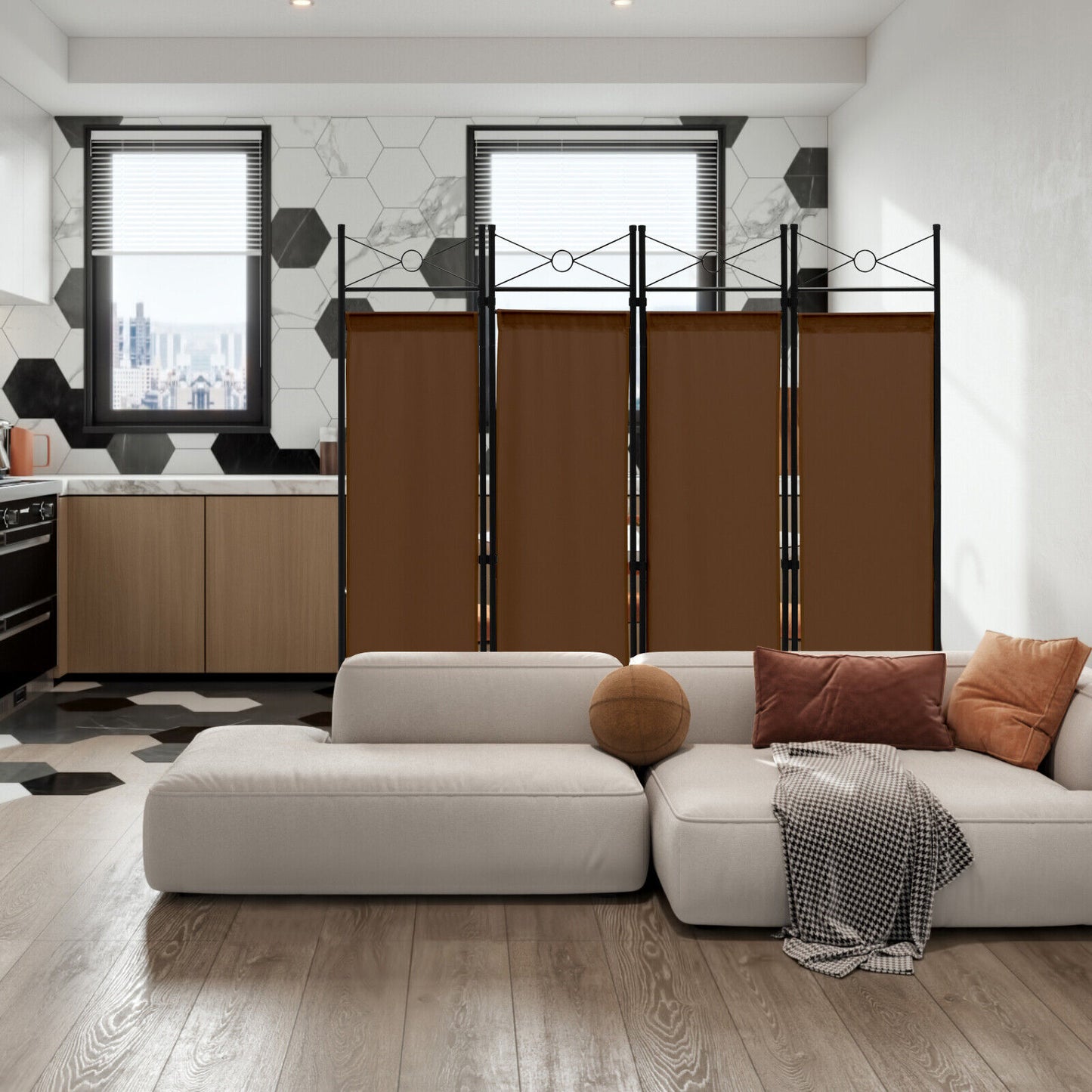 6 Foot 4 Panel Freestanding Folding Privacy Divider Screen - Brown