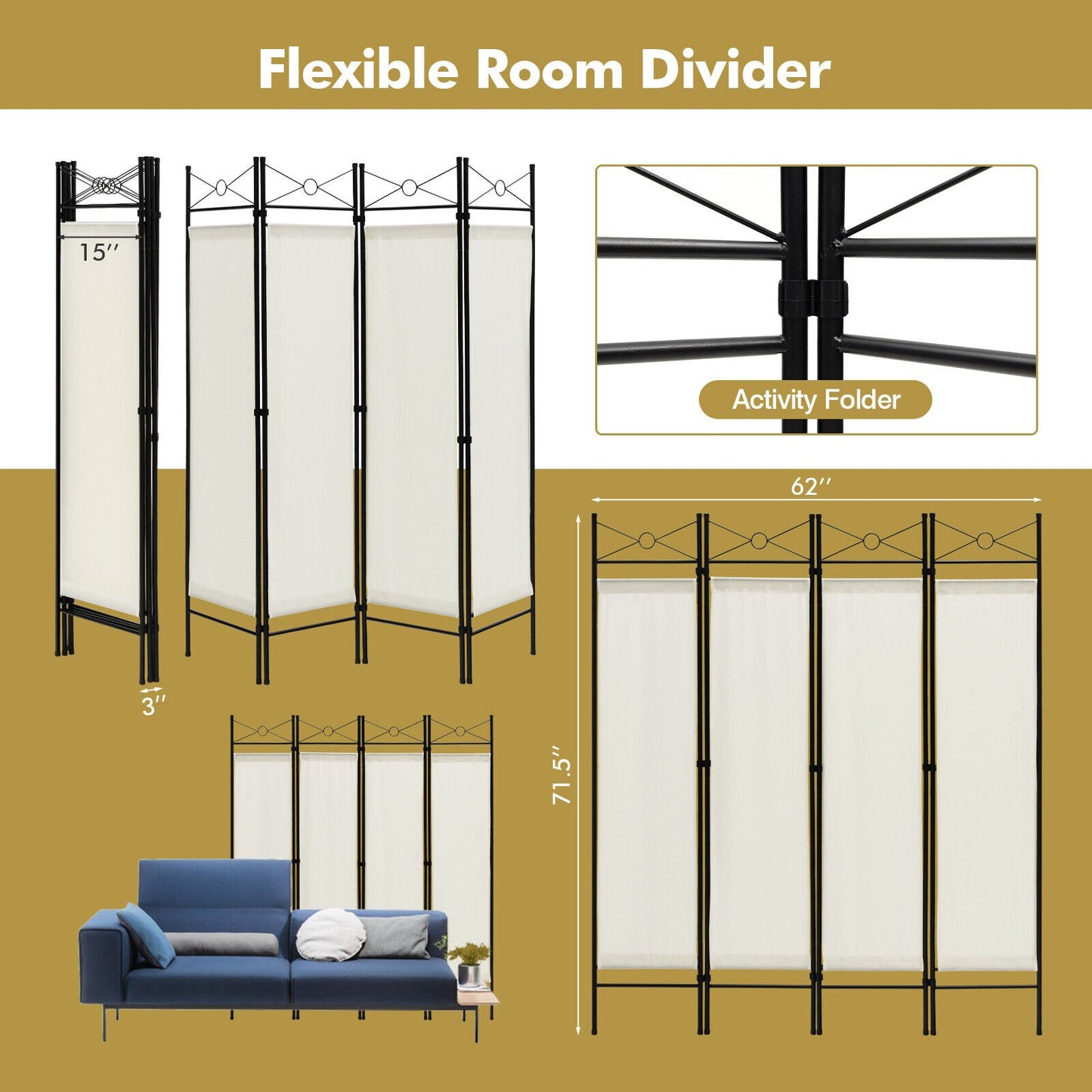 6 Foot 4 Panel Freestanding Folding Privacy Divider Screen - White