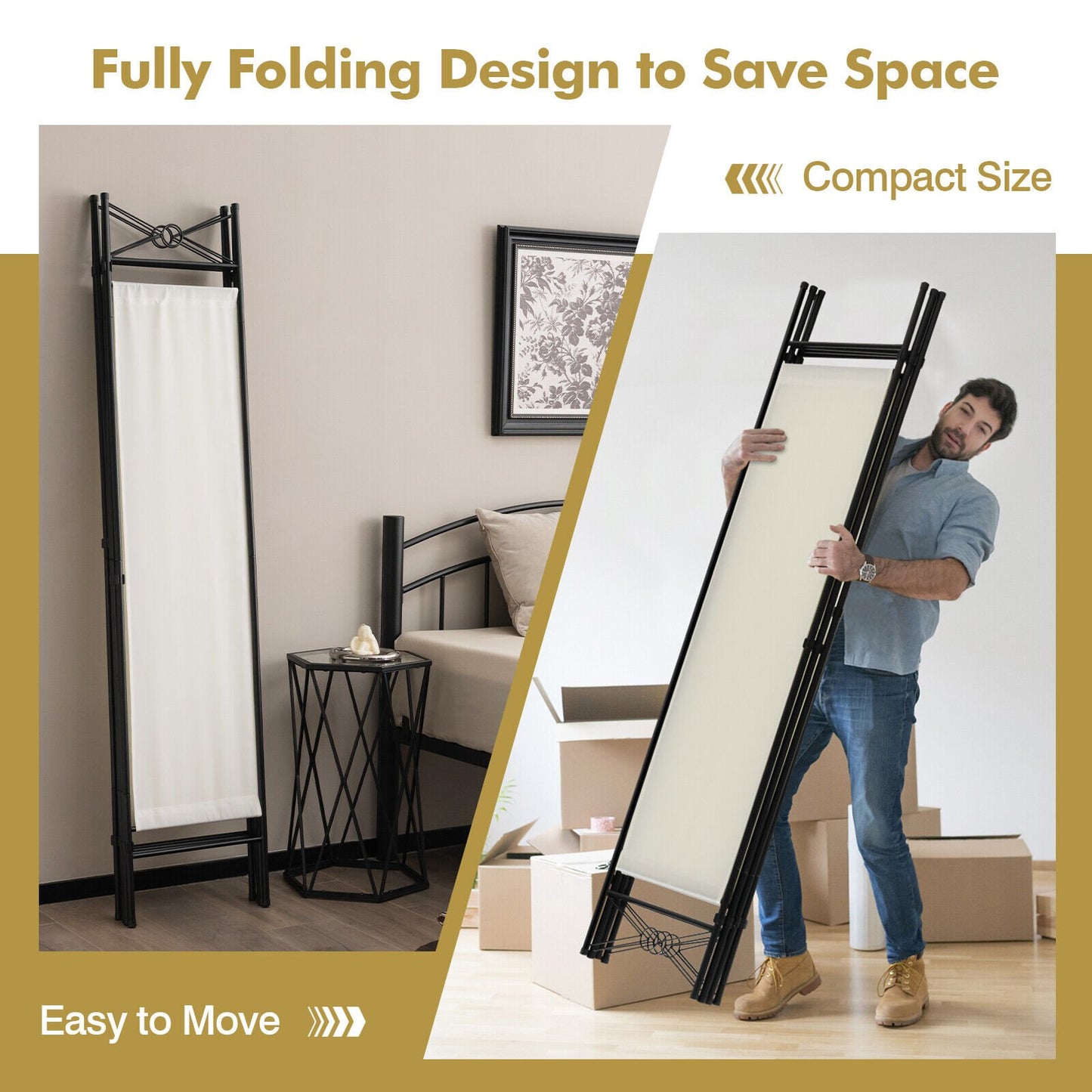 6 Foot 4 Panel Freestanding Folding Privacy Divider Screen - White