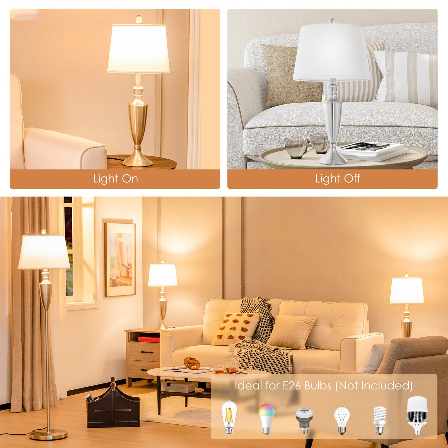 3 Piece Modern Lamp Set with 1 Floor Lamp and 2 Table Lamps for Any Space