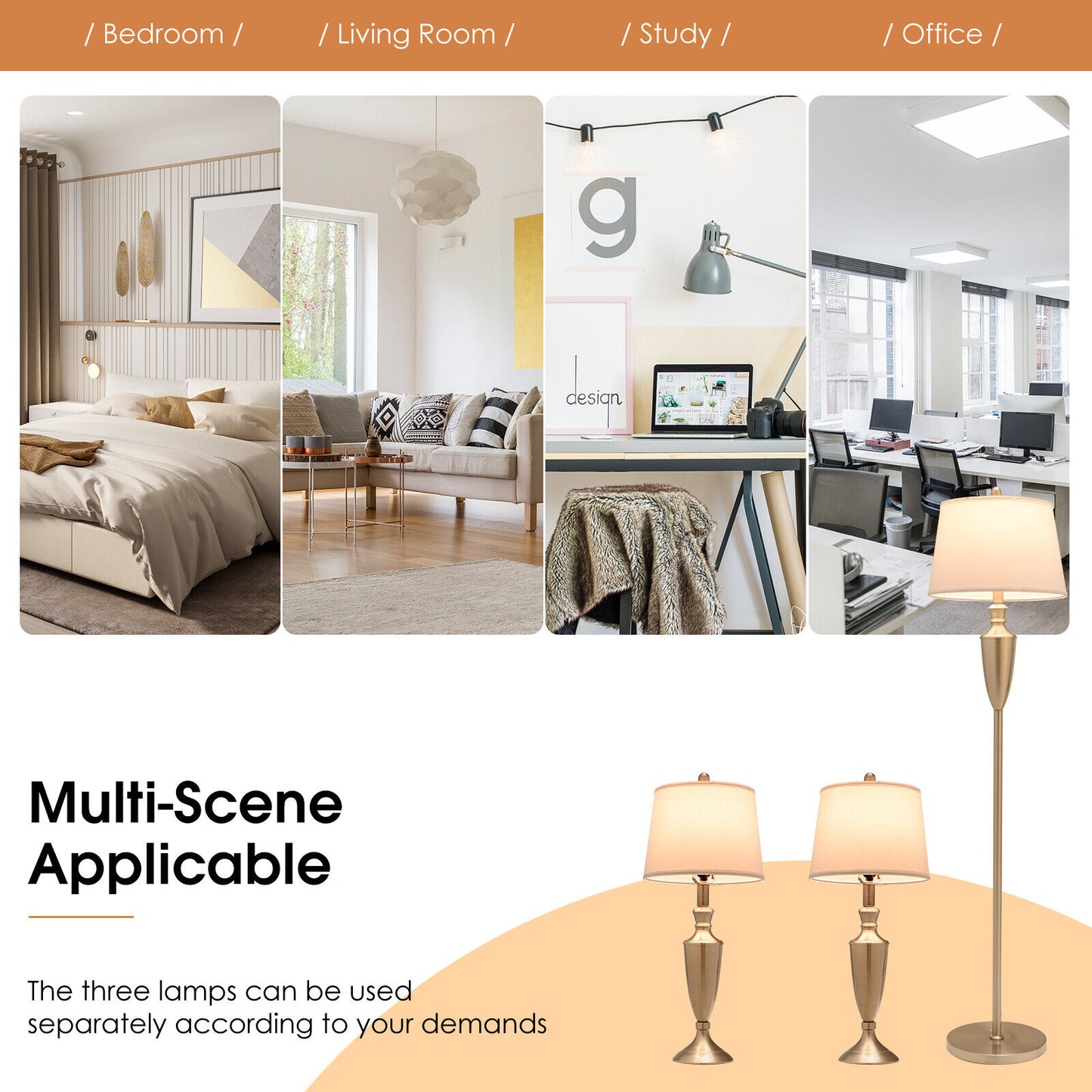 3 Piece Modern Lamp Set with 1 Floor Lamp and 2 Table Lamps for Any Space