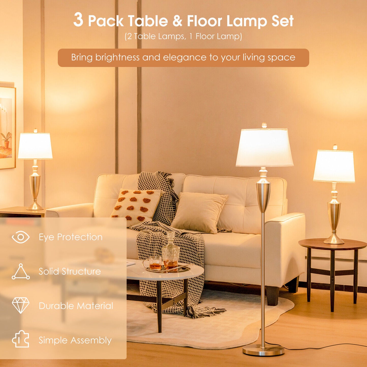 3 Piece Modern Lamp Set with 1 Floor Lamp and 2 Table Lamps for Any Space
