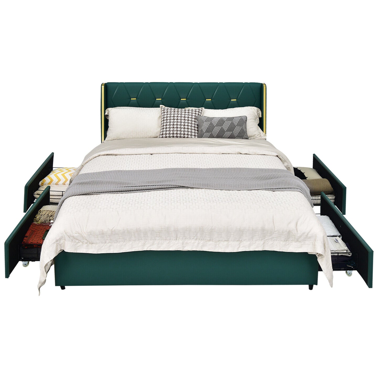 Luxurious PU Leather Upholstered Bed Frame with 4 Storage Drawers – Full/Queen Size