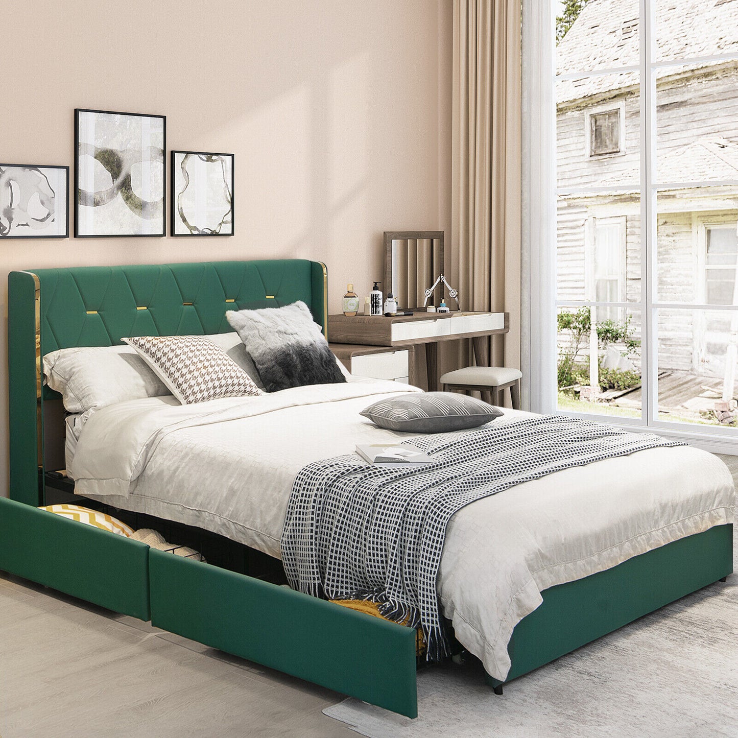 Luxurious PU Leather Upholstered Bed Frame with 4 Storage Drawers – Full/Queen Size
