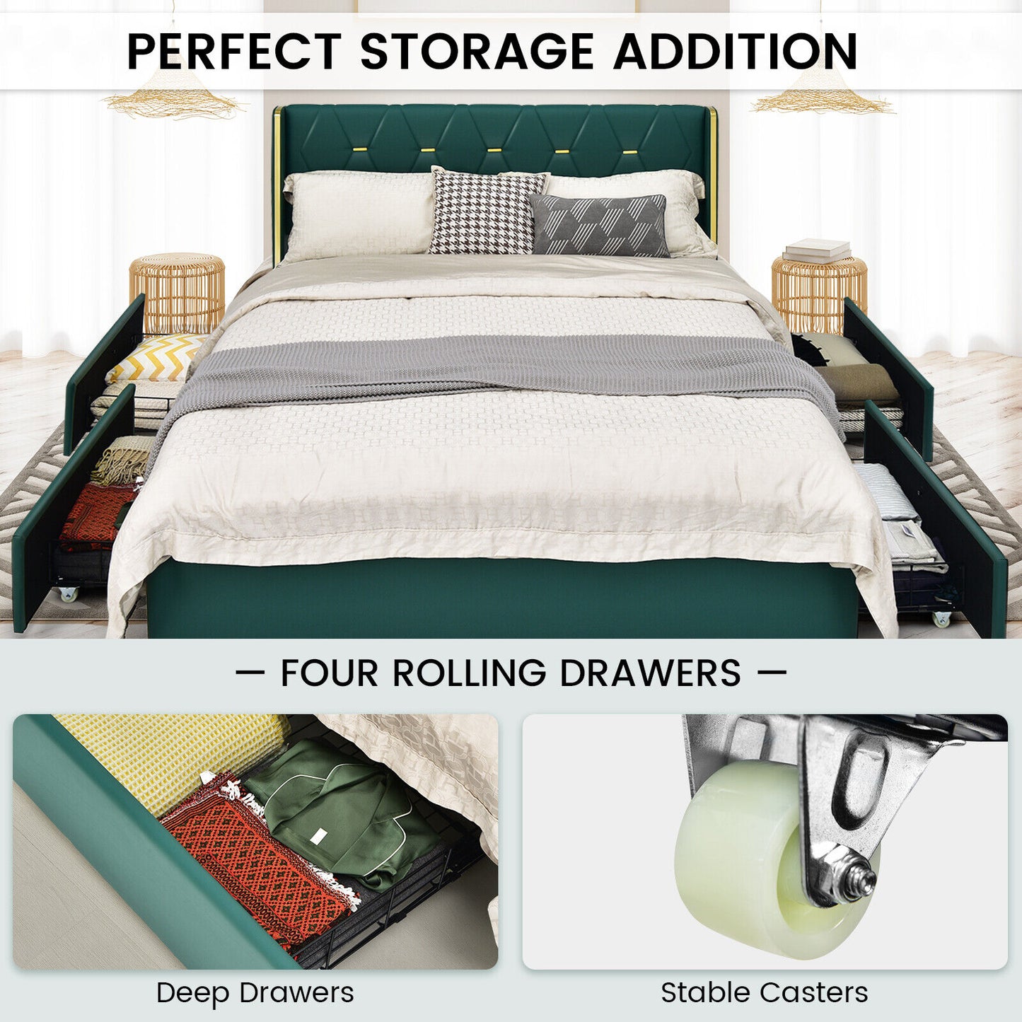 Luxurious PU Leather Upholstered Bed Frame with 4 Storage Drawers – Full/Queen Size