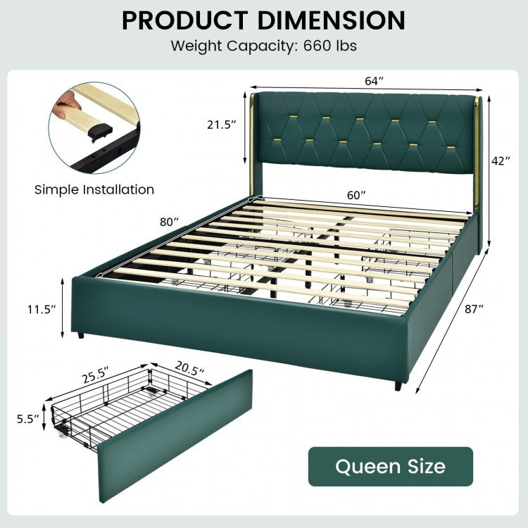 Luxurious PU Leather Upholstered Bed Frame with 4 Storage Drawers – Full/Queen Size