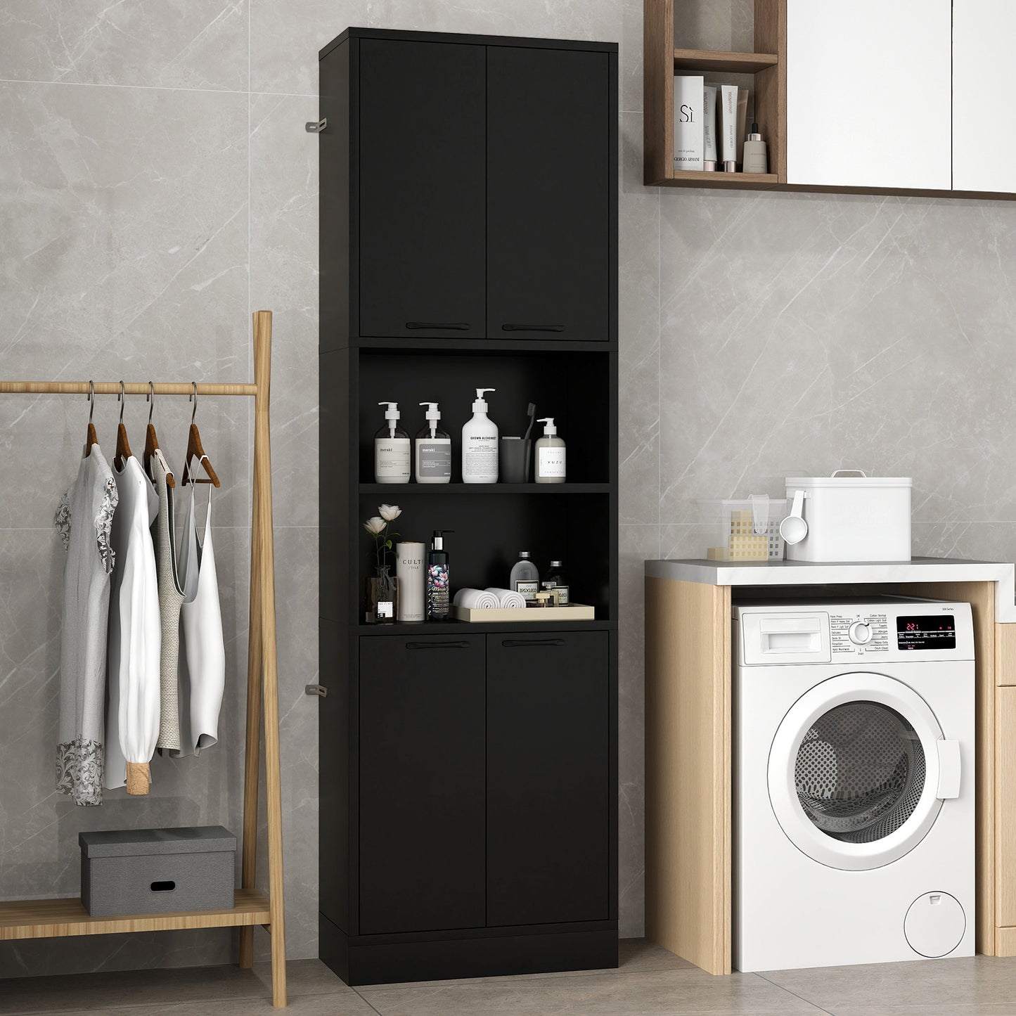 75 Inch Tall Kitchen Pantry Cabinet with Doors and Open Shelves - Black