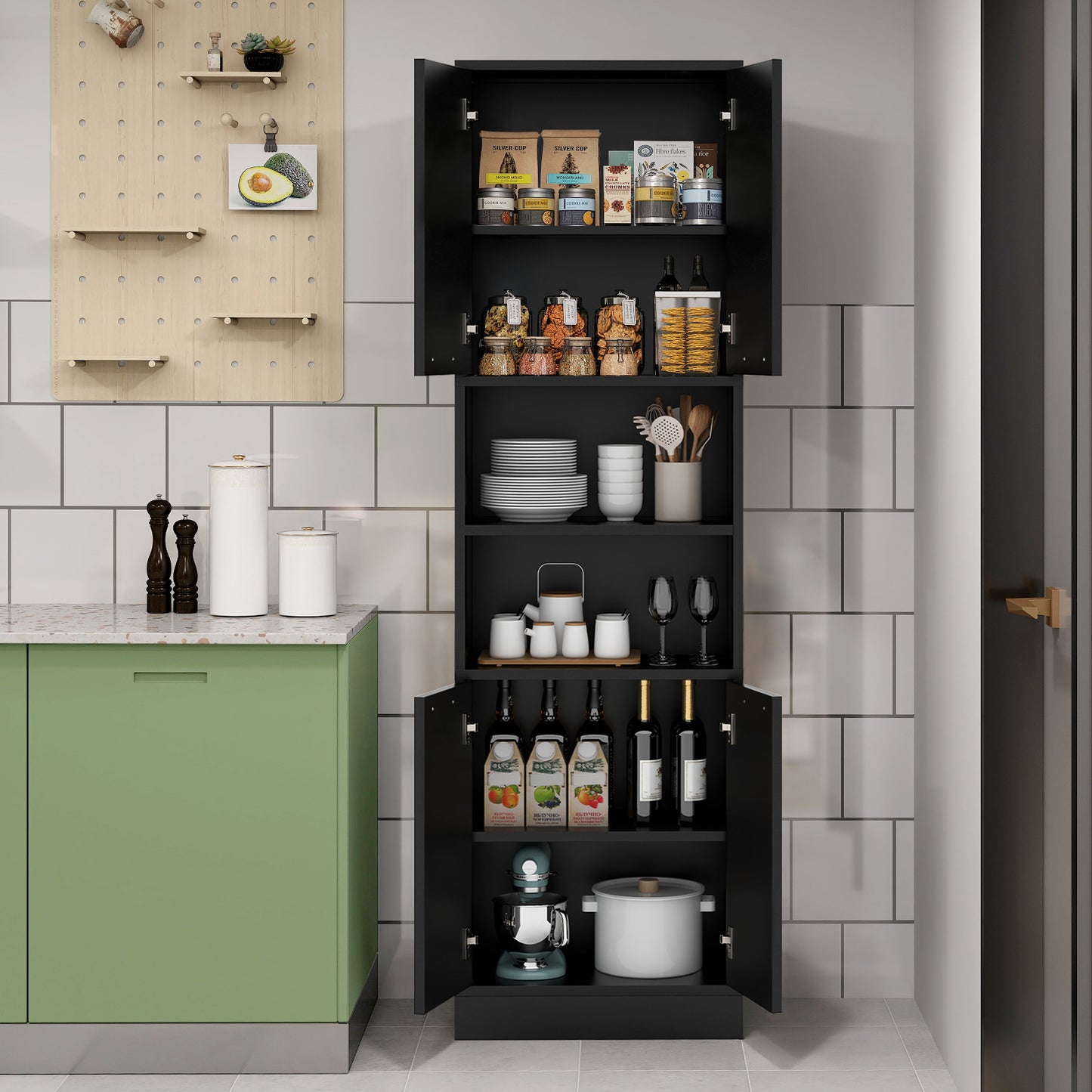 75 Inch Tall Kitchen Pantry Cabinet with Doors and Open Shelves - Black