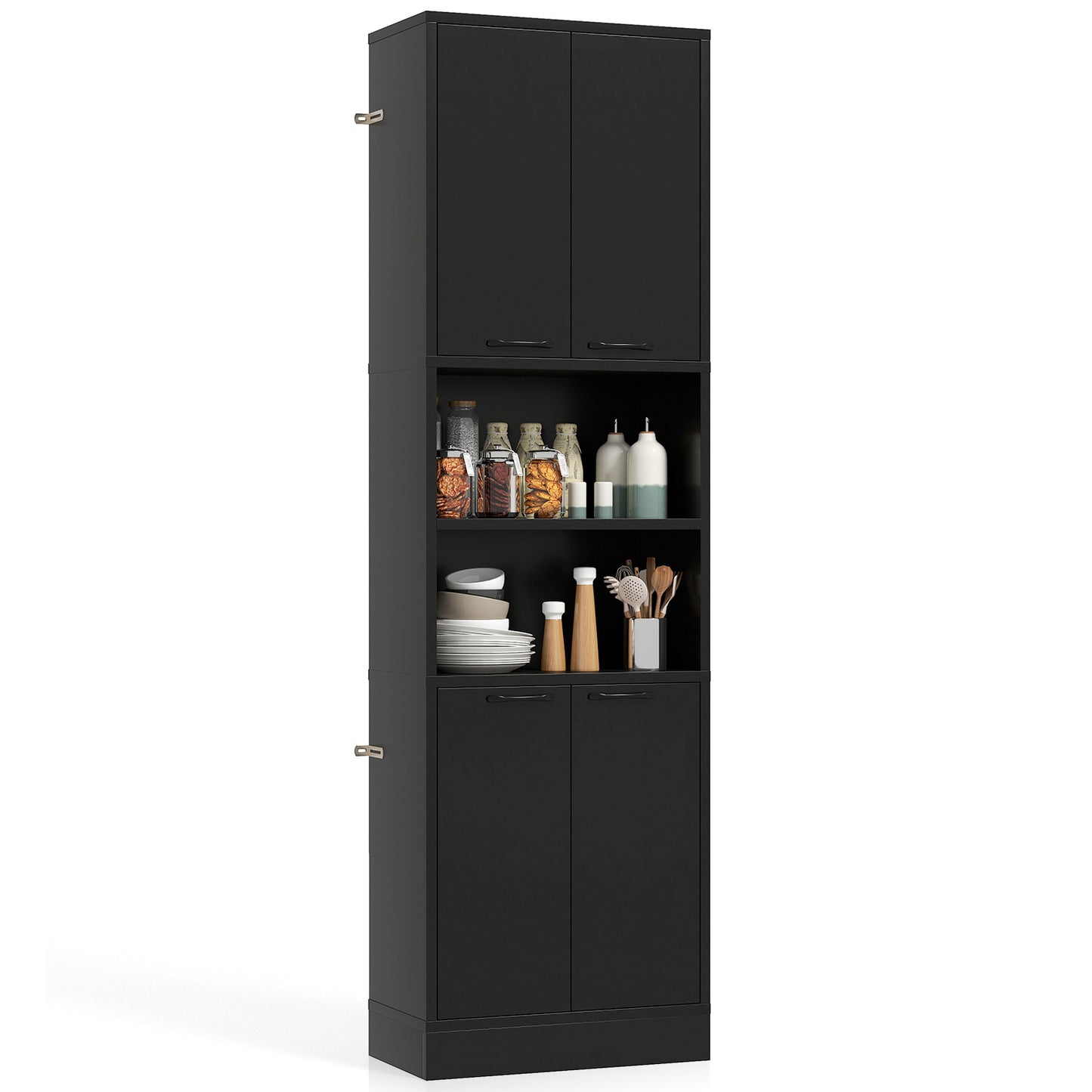 75 Inch Tall Kitchen Pantry Cabinet with Doors and Open Shelves - Black