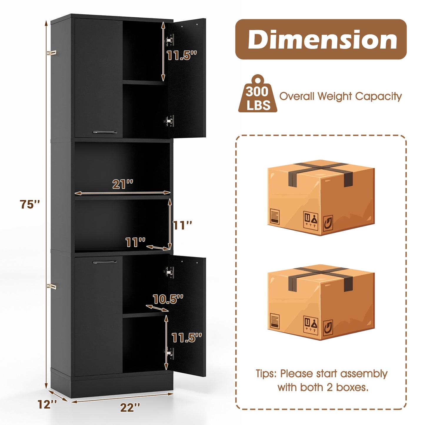 75 Inch Tall Kitchen Pantry Cabinet with Doors and Open Shelves - Black