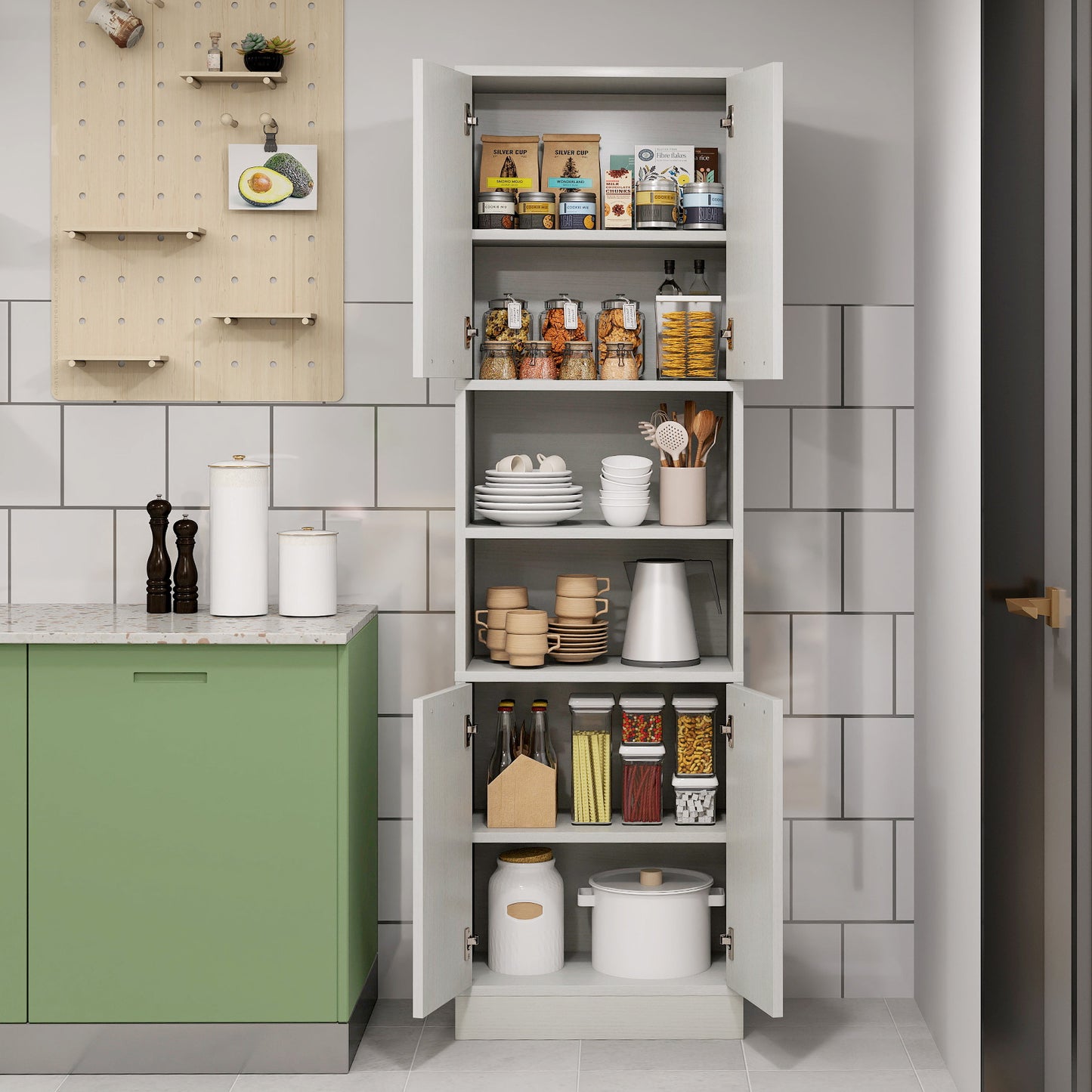 75 Inch Tall Kitchen Pantry Cabinet with Doors and Open Shelves - White Oak