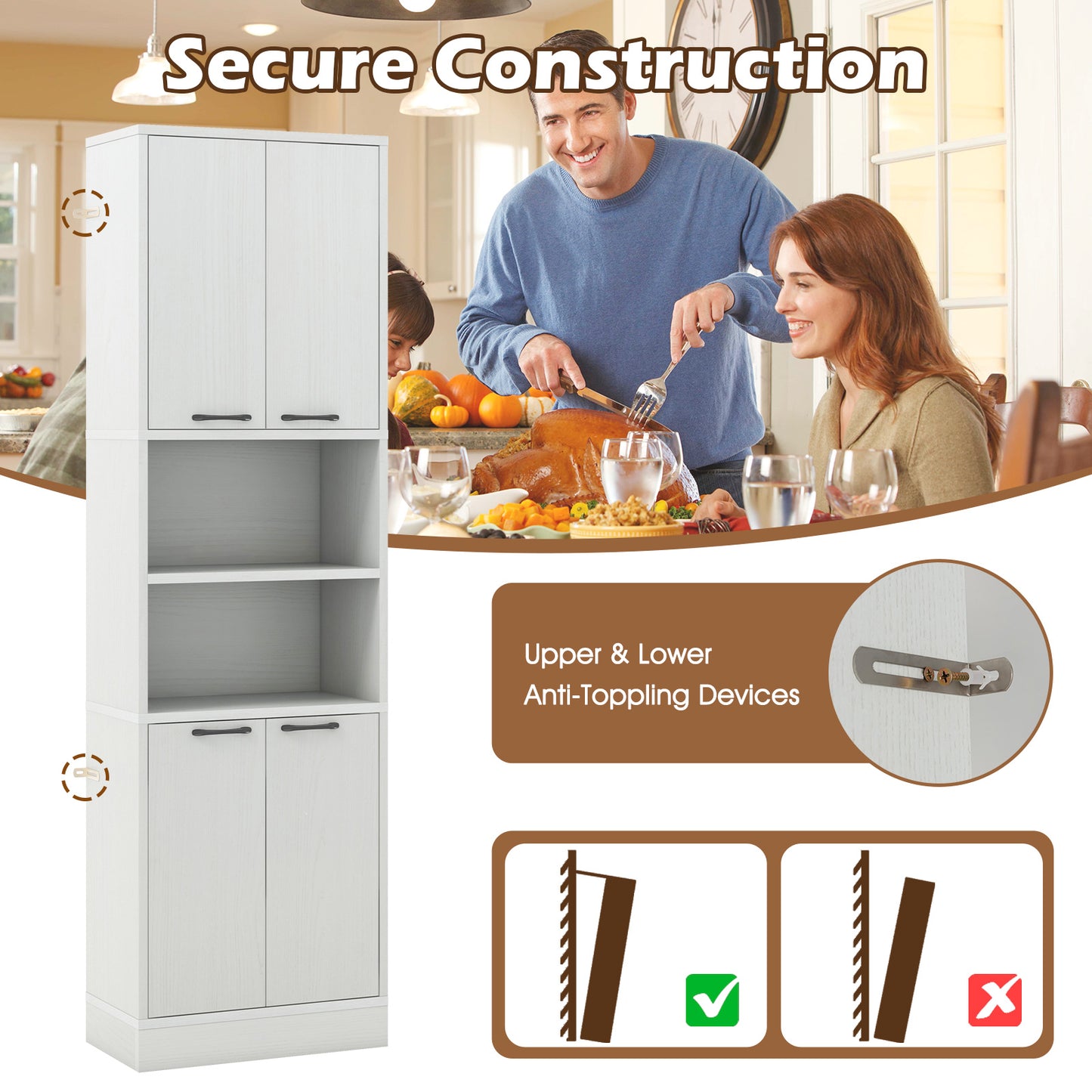 75 Inch Tall Kitchen Pantry Cabinet with Doors and Open Shelves - White Oak