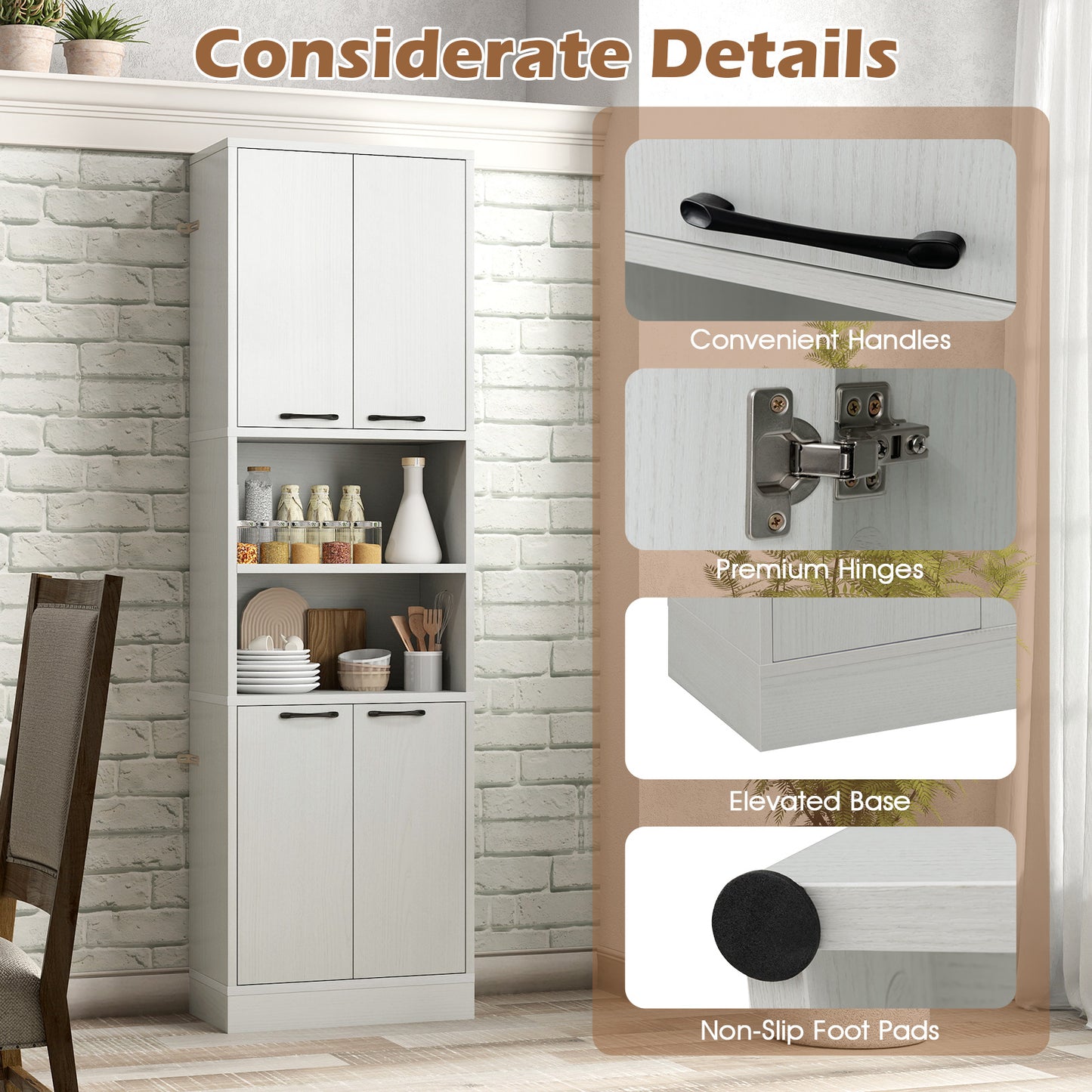 75 Inch Tall Kitchen Pantry Cabinet with Doors and Open Shelves - White Oak