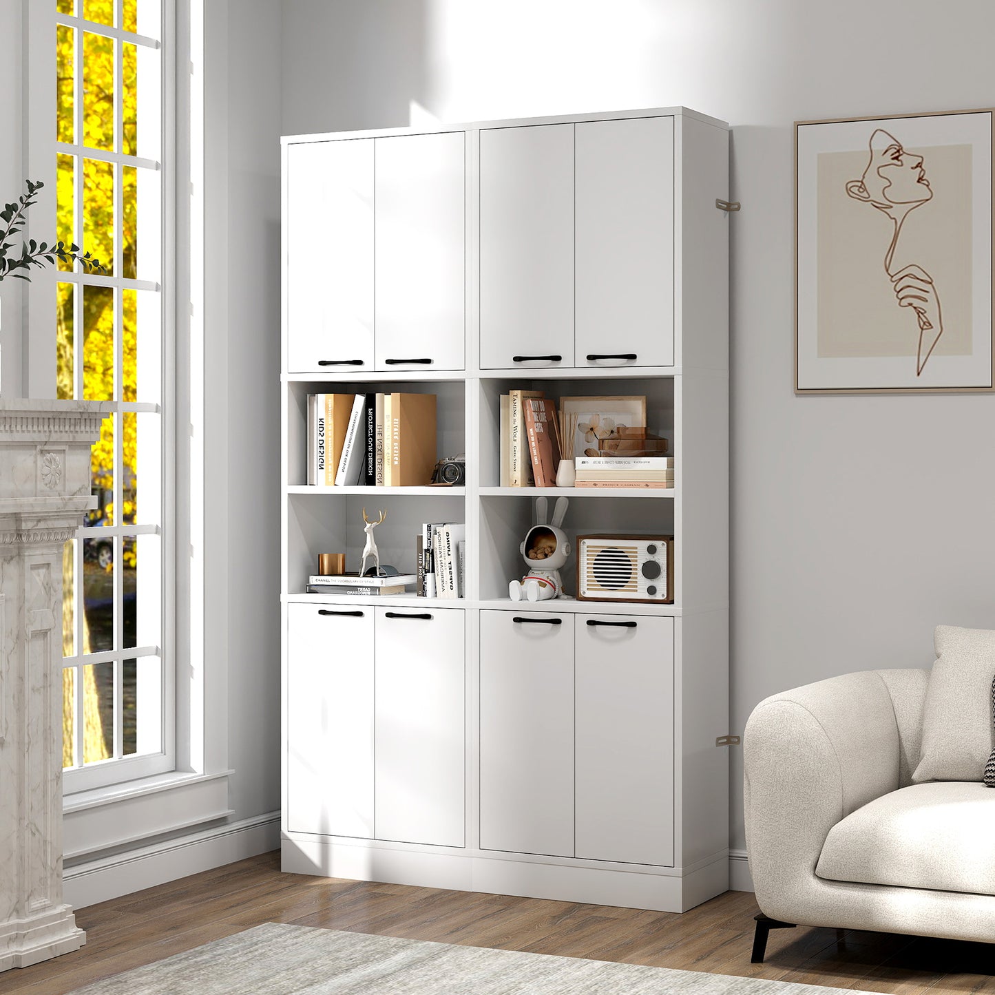 75 Inch Tall Kitchen Pantry Cabinet with Doors and Open Shelves - White