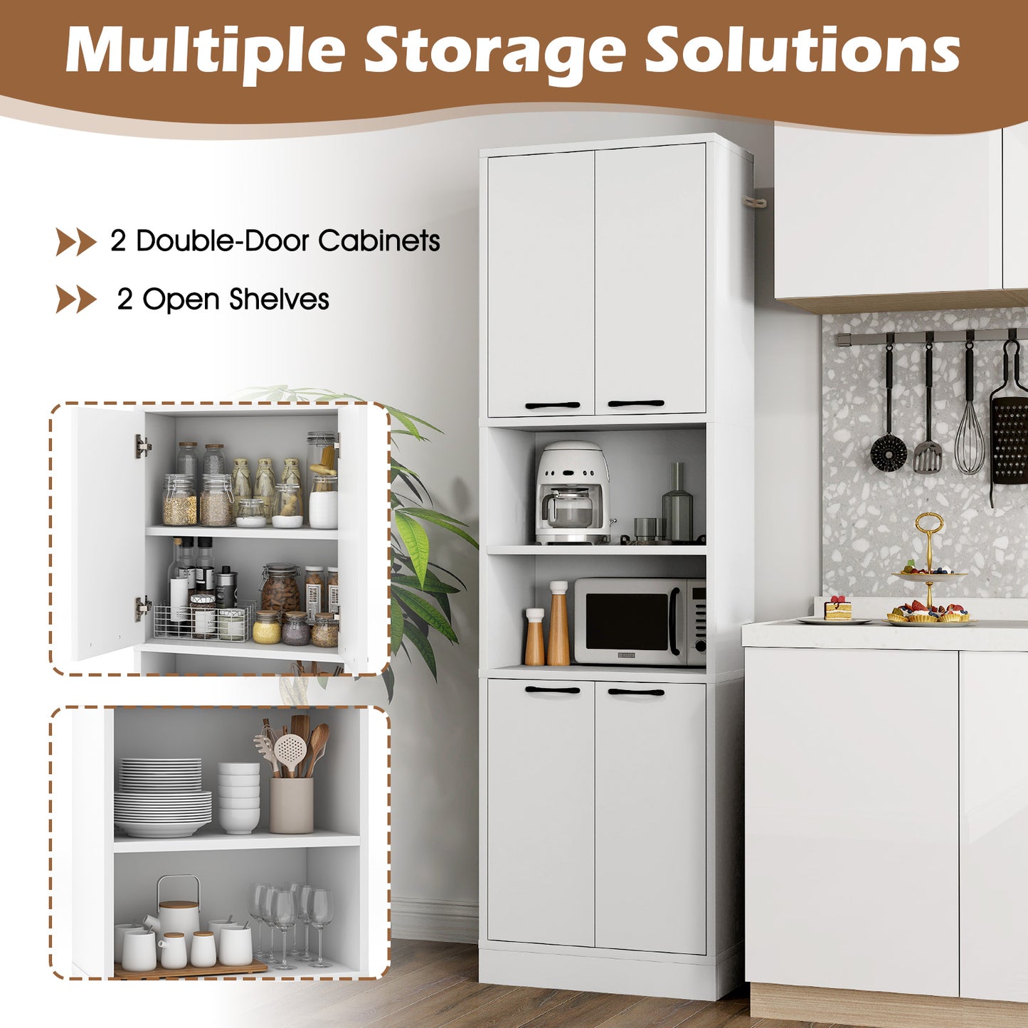 75 Inch Tall Kitchen Pantry Cabinet with Doors and Open Shelves - White