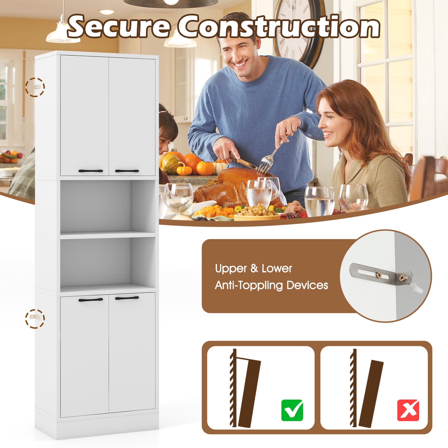 75 Inch Tall Kitchen Pantry Cabinet with Doors and Open Shelves - White