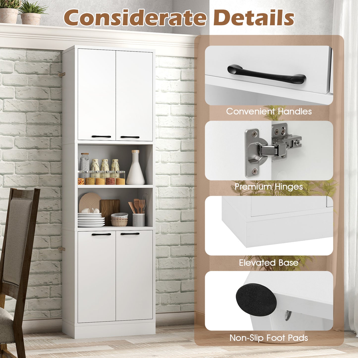 75 Inch Tall Kitchen Pantry Cabinet with Doors and Open Shelves - White