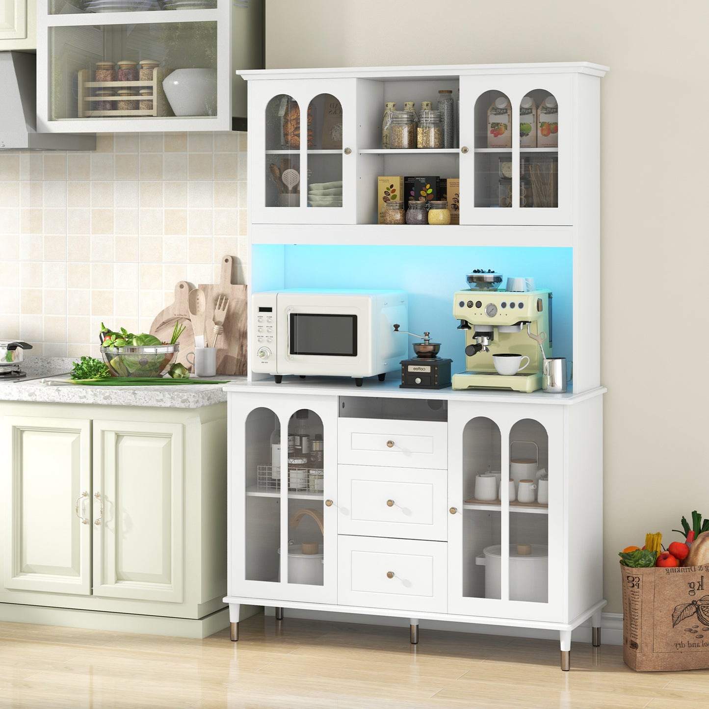 Kitchen Buffet Hutch with RGB LED Lights Built-in Power Station and Storage 73 Inch