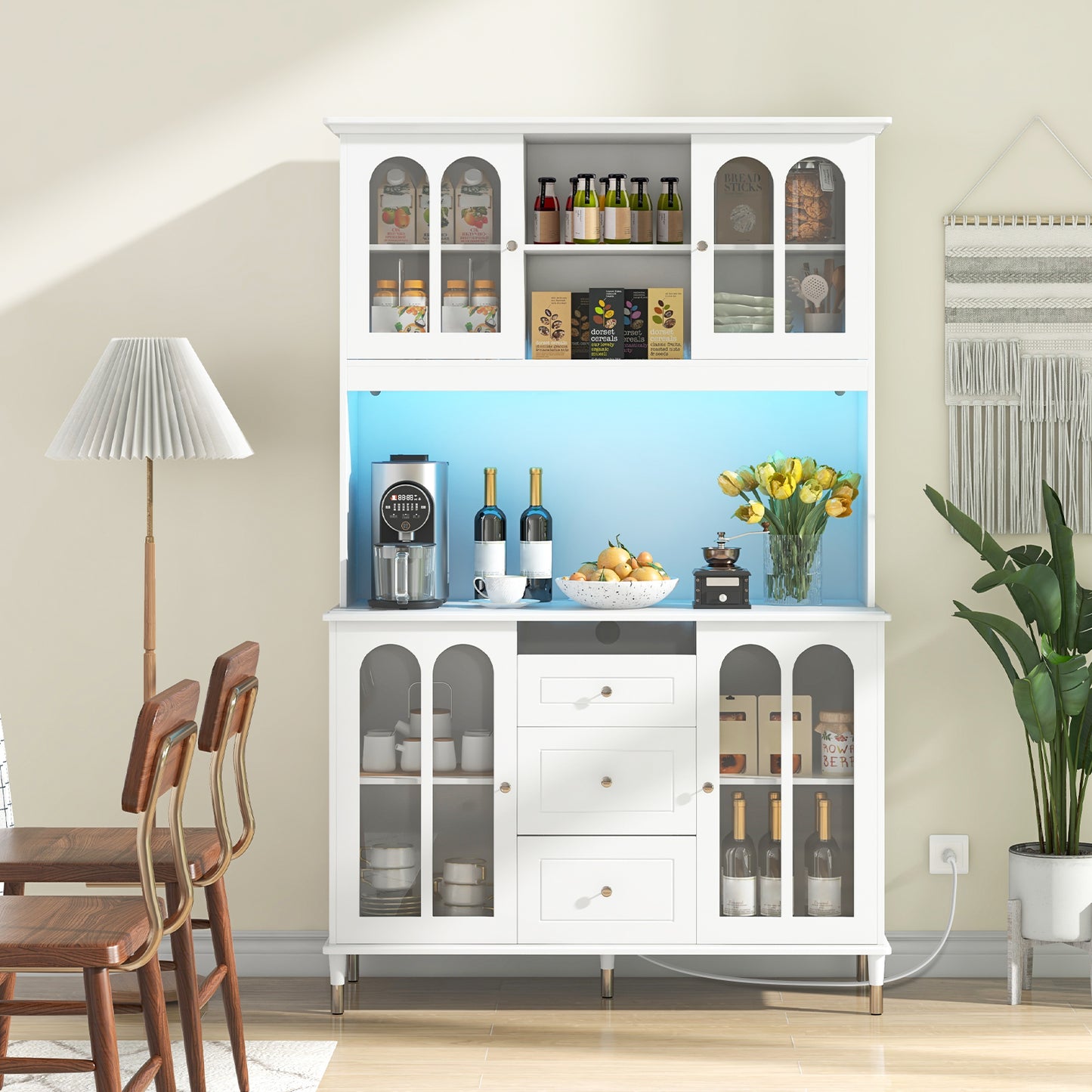 Kitchen Buffet Hutch with RGB LED Lights Built-in Power Station and Storage 73 Inch