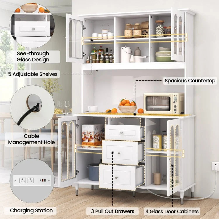 Kitchen Buffet Hutch with RGB LED Lights Built-in Power Station and Storage 73 Inch